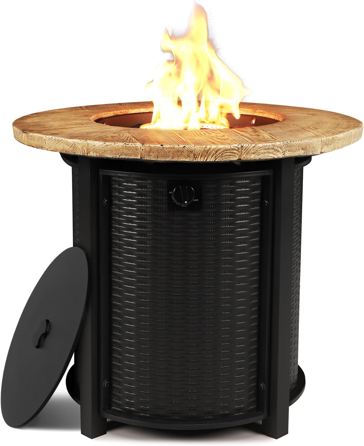 30 Inch Round Propane Fire Pit,50,000 BTU Iron Gas Firepit with Ignition Systems,w/Lid,Glass Stones,Outdoor Fire Table for Outside Patio,Deck-Black