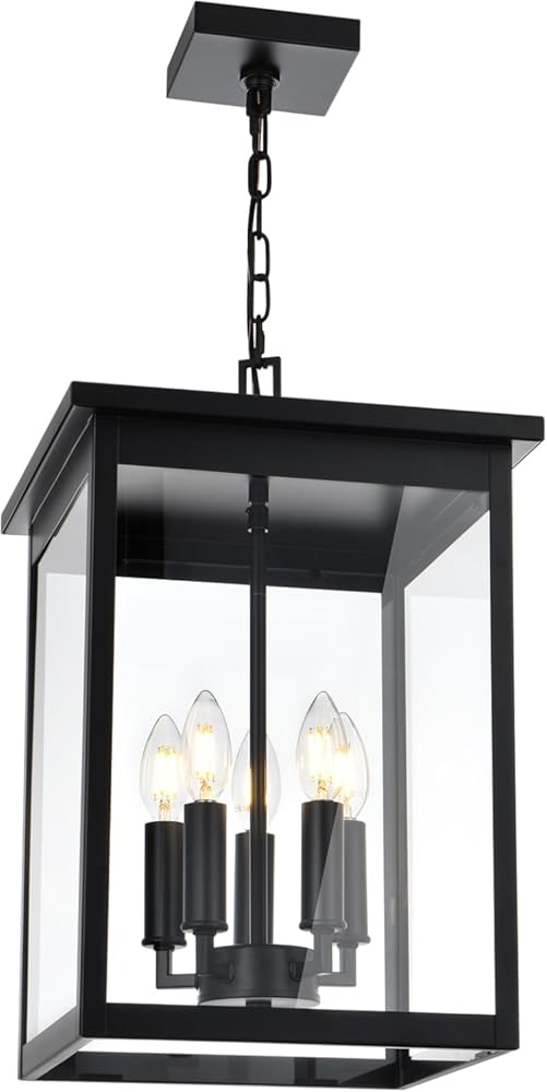 5-Lights Large Outdoor Pendant Light Fixtures, Black Exterior Hanging Porch Light with Adjustable Chain & Clear Glass, Waterproof Ceiling Mount Lantern Lighting Yard Front Door, E12 Bulb Base