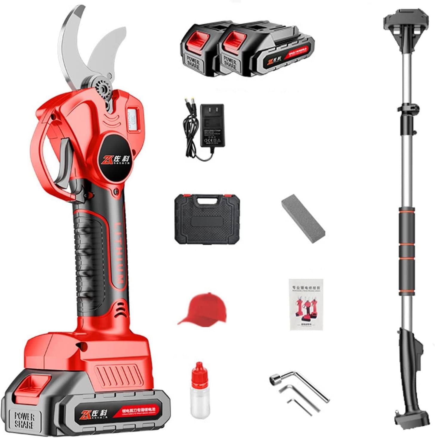 Extendable Tree Pruning Pruner, 21V Cordless Electric Shears with Extension Pole, LCD Display, 35mm Cut, 3 Batteries & Blades