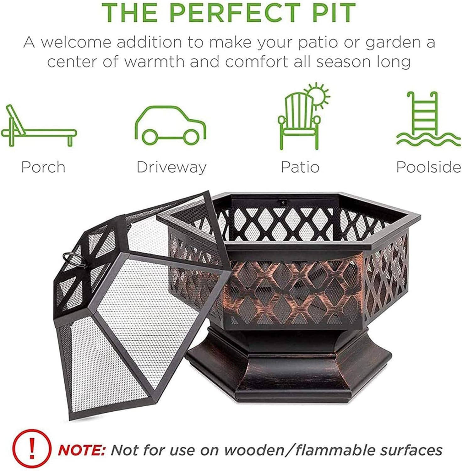 Wood Burning Fire Pit BBQ Grill Firepit Bowl Outdoor Fire Pit with Grill Grate for Camping/Outdoor Heating/Bonfire and Picnic Contain Food Tongs/Coal Clip/Brush/Barbecue Net/Cleaning Brush