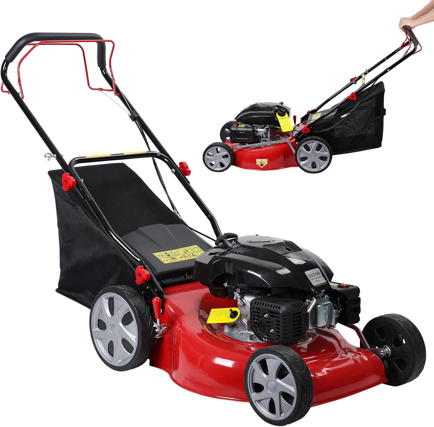Self Propelled Gas Lawn Mower, 141CC 4-Stroke Push Mower 20-Inch with 50L Grass Bag, Strong Power Gas Mowers, 2850RPM 3-in-1 Mulching, Self Propelled Walk-Behind Push Mower for Landscaping