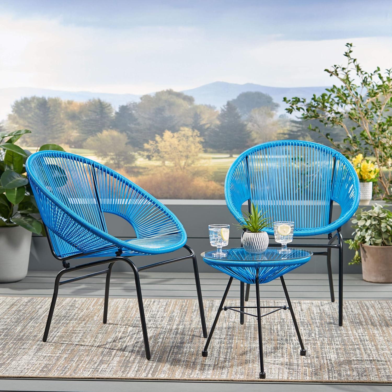 Great Deal Furniture GDFStudio Outdoor Modern 2 Seater Faux Rattan Chat Set, Blue and Black