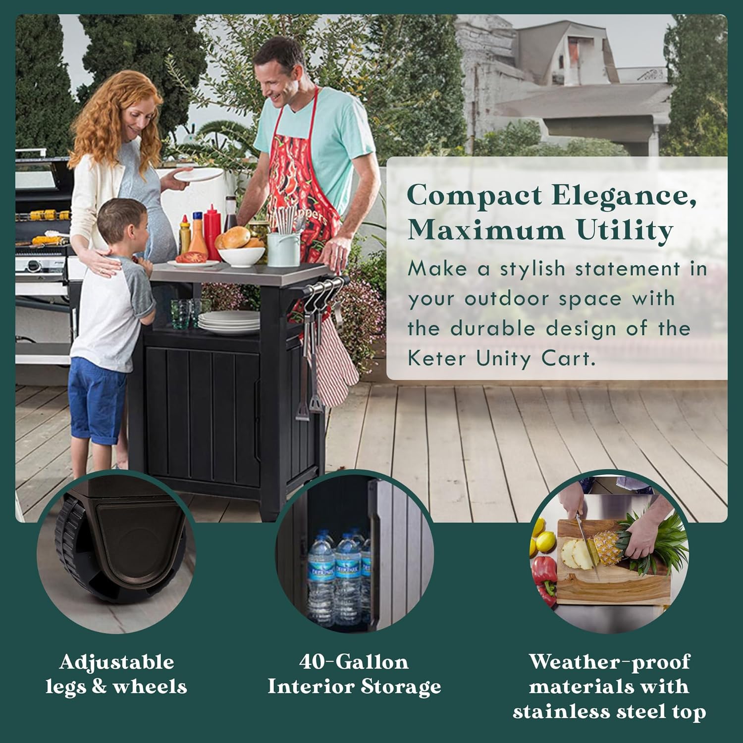 Keter Outdoor Grill Prep Table & Serving Cart, Stainless Steel Top, Unity, 40 Gal, Brown - Portable Bar Table and Cooking Accessory for Pool, Patio, Lawn, and Backyard