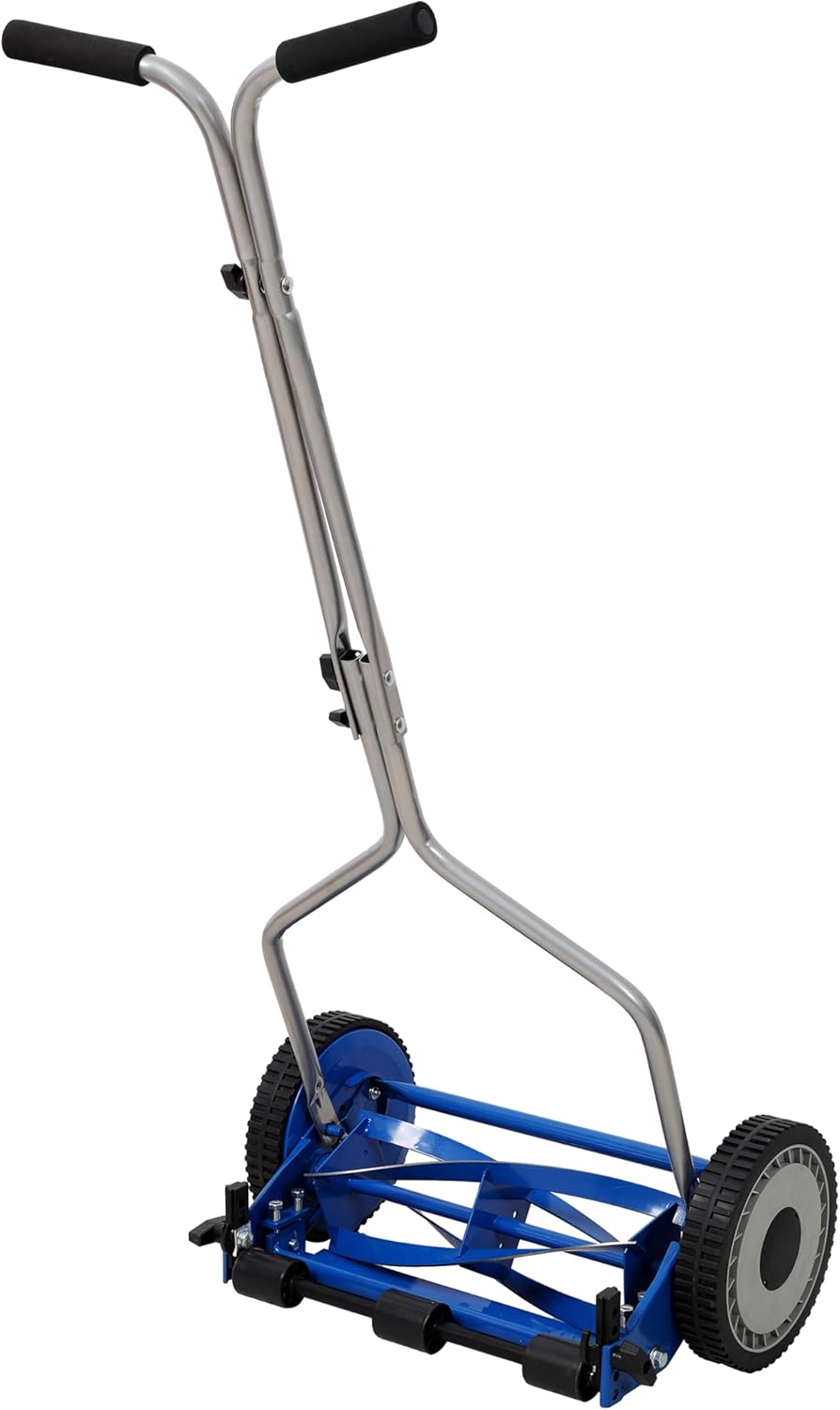 14 Inch Push Reel Lawn Mower - Manual Grass Cutter, Eco-Friendly & Quiet, No Gas/Oil Needed, 5-Blade Steel Cutting System, Adjustable Height, Lightweight & Easy to Use, Blue