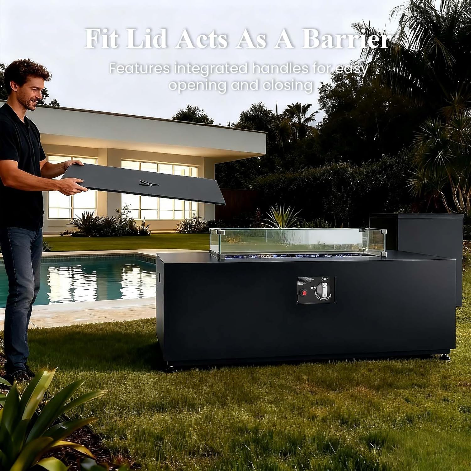 LayinSun 42 Inch Outdoor Fire Pit Table for Outside Patio, 55000BTU Rectangle Propane Firepit with Hidden Fuel Tank, Glass Wind Guard, Waterproof Cover and Lid