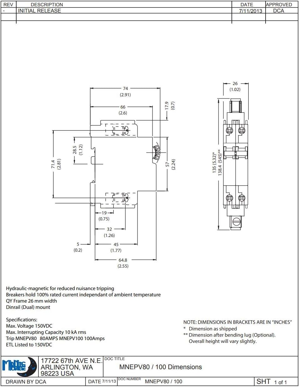 MidNite Solar MNEPV80 DIN Circuit Breaker 80A 150VDC