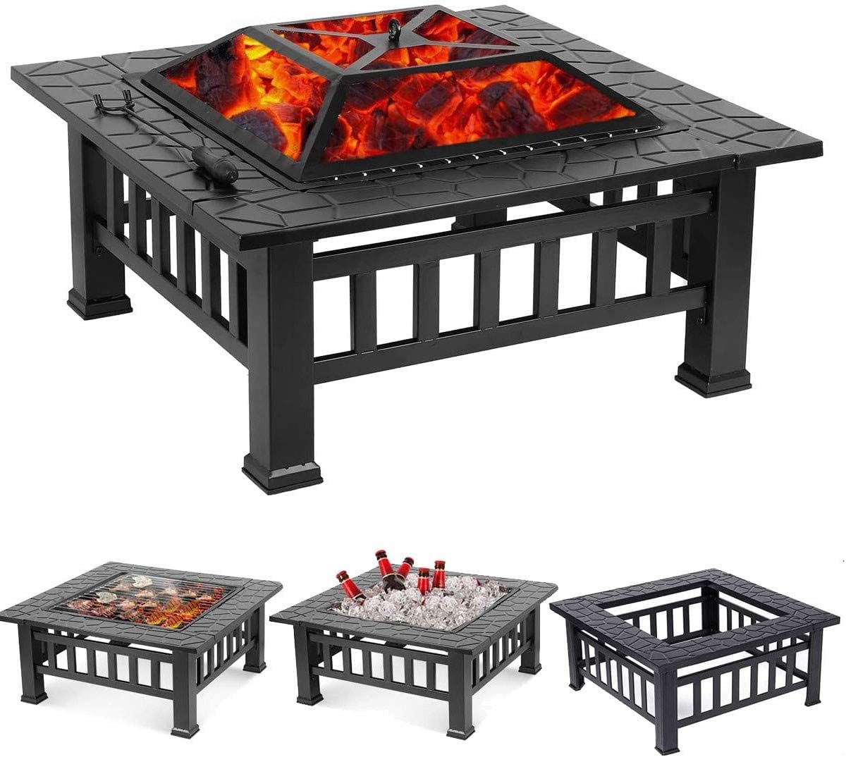 32 inch Outdoor Square Metal Firepit for Home BBQ, Wood Burning Fire Pit with Poker for Backyard Patio Garden Stove Camping Picnic Bonfire with Spark Screen Cover, 32