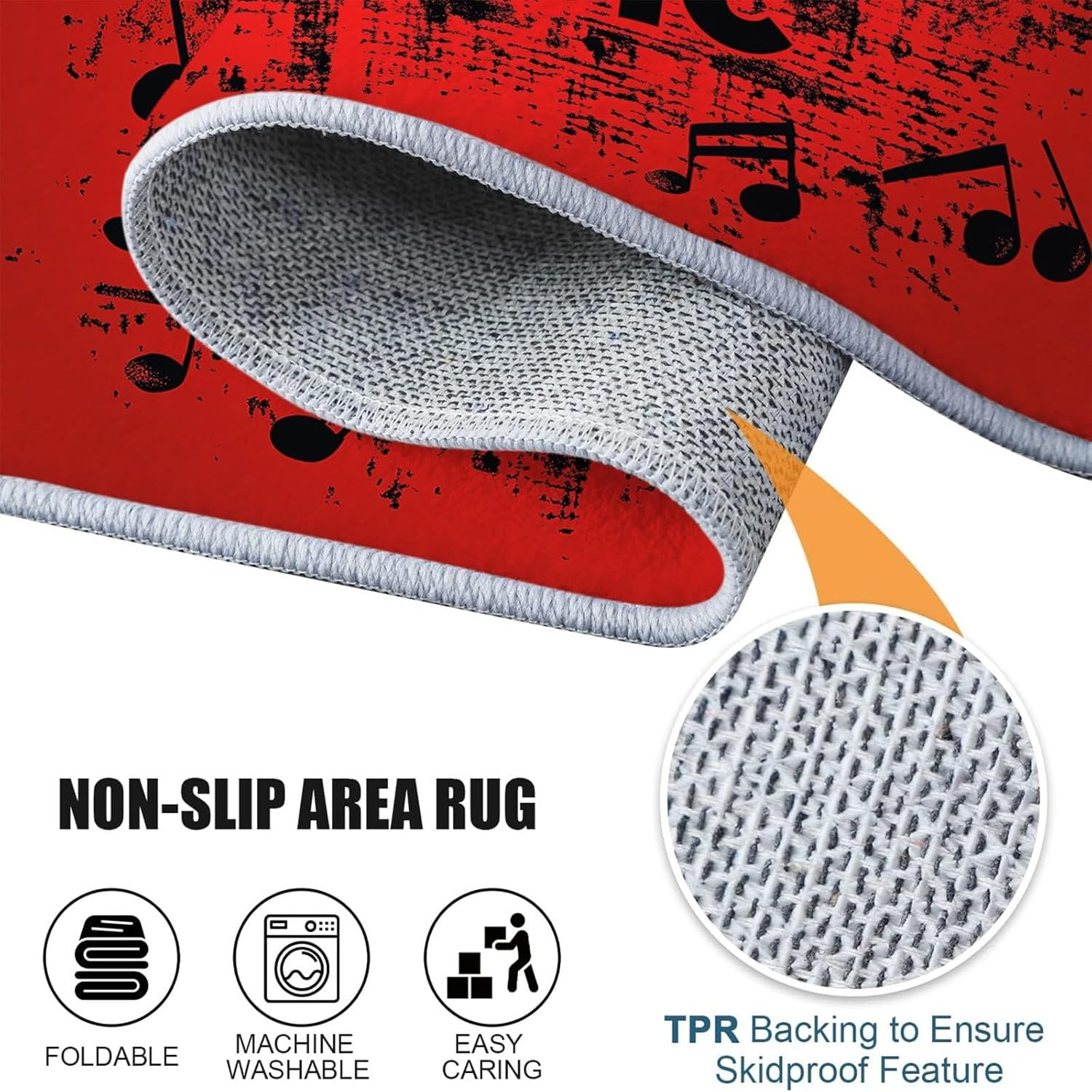 Machine Washable Rug 4x6 ft Washable Area Rugs Red Musical Note Drum Wheel Non Slip Carpets for Living Room Bedroom, Low Pile Stain Resistant Carpet, for Nursery Office Home Decor