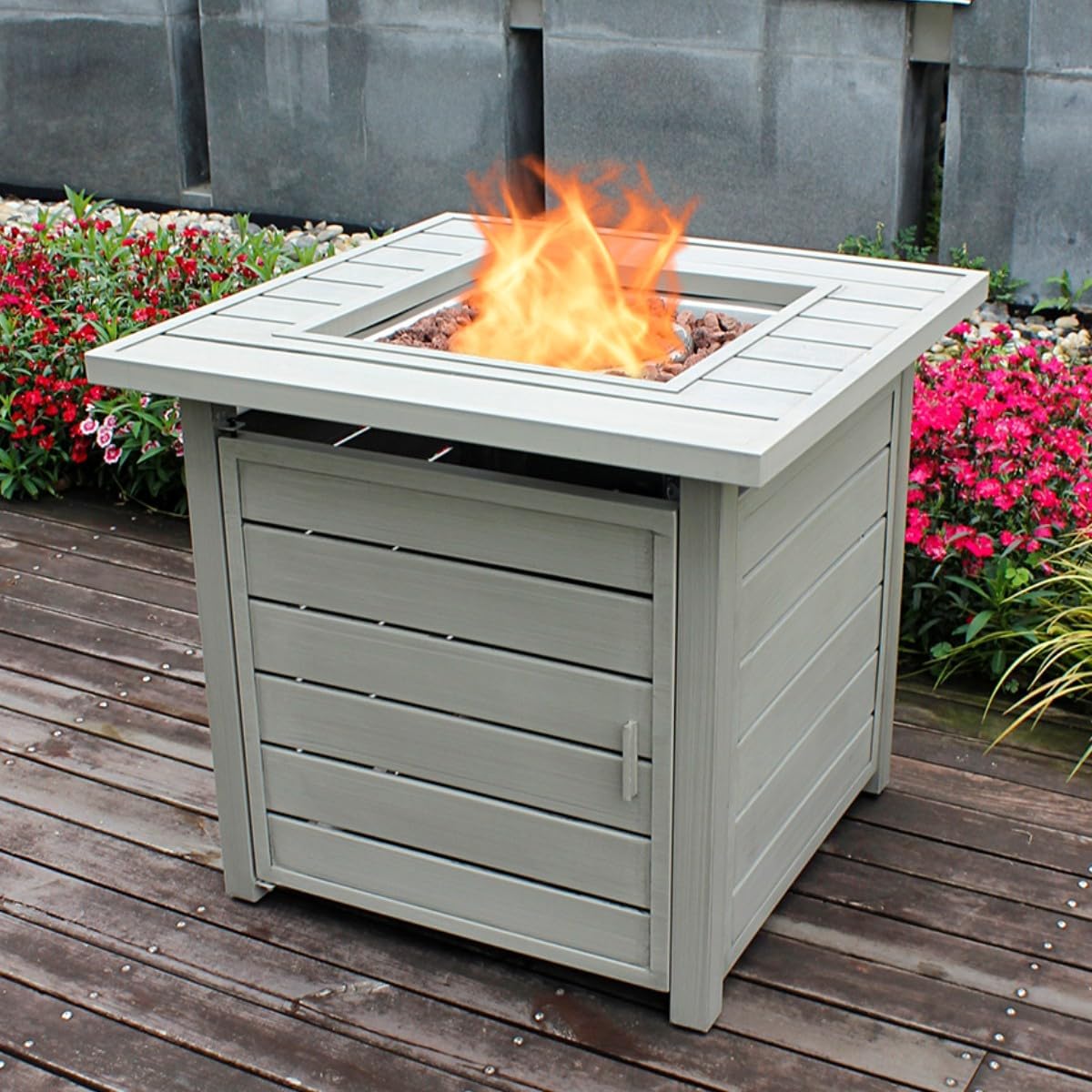 28 Inch Propane Fire Pit Table, Outdoor Gas Fire Pits with Lid & Lava Rock, 50000 BTU Firepit for Dinning, Party in Outside, Patio, Garden or Yard (Light Grey)