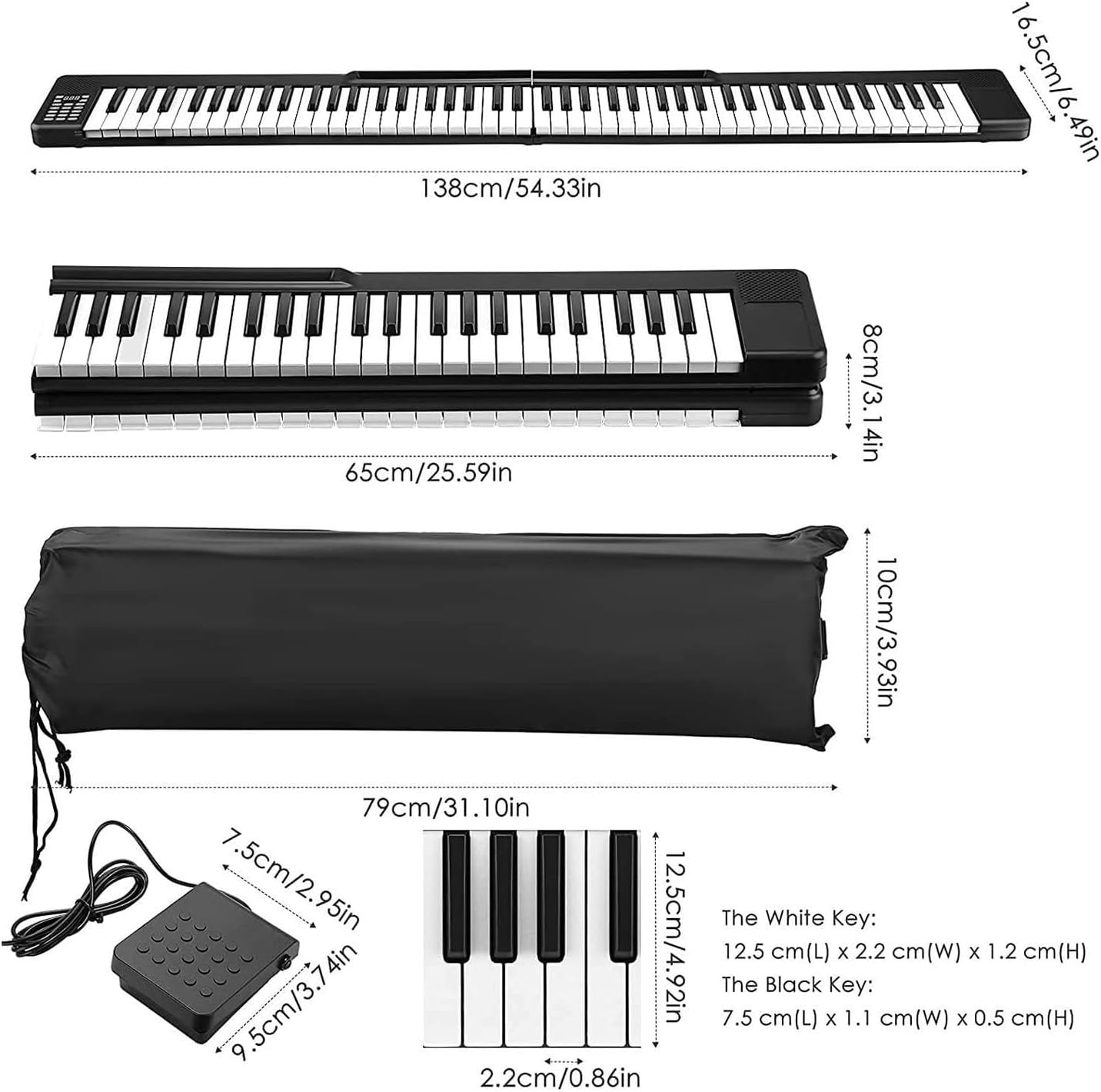 Folding Piano Keyboard 88 Keys, Touch-Sensitive Electric Piano, Portable Travel Piano, Rechargeable, Bluetooth & MIDI Support for Beginners (White)