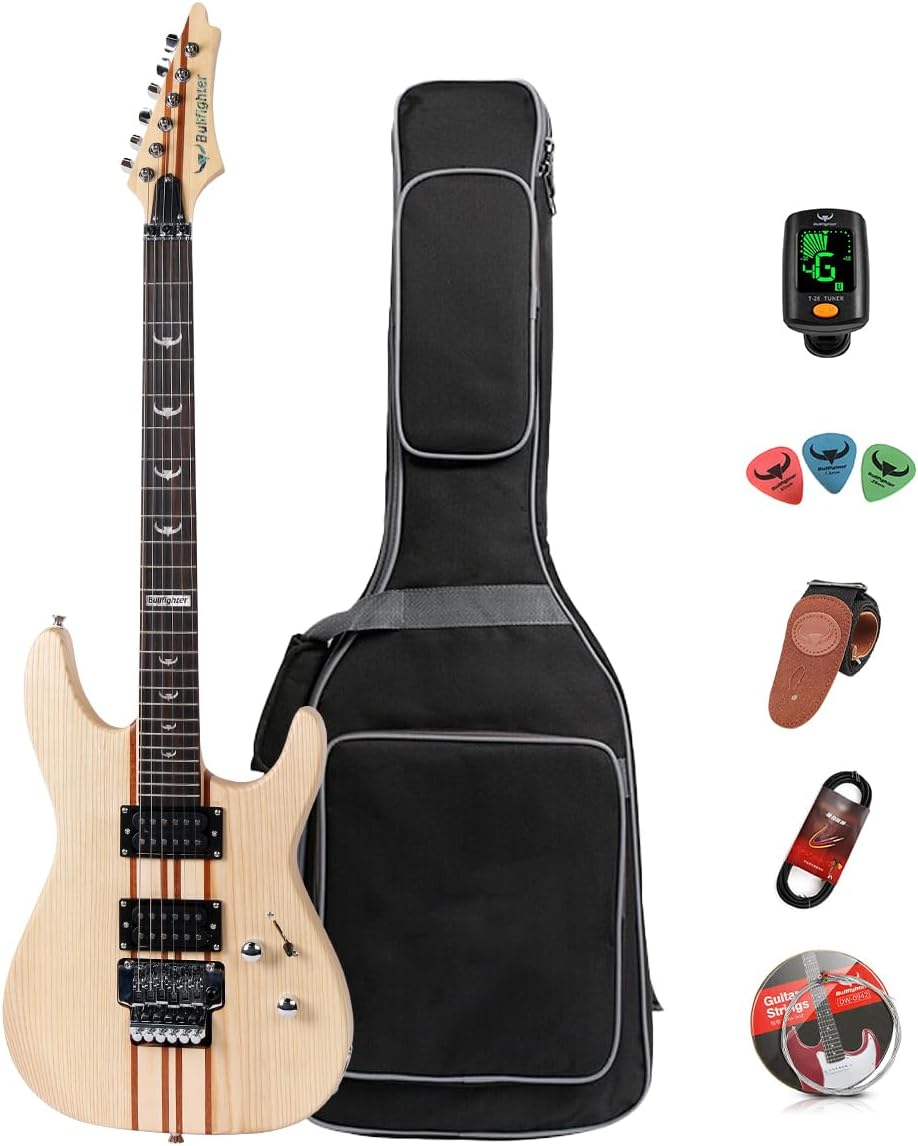 Bullfighter Electric Guitar Kit 39 Inch Full Size, Elm Thru Body Neck, 6 Extra String, Picks, Gig Bag, Shoulder Strap, Cable D300 (wood)