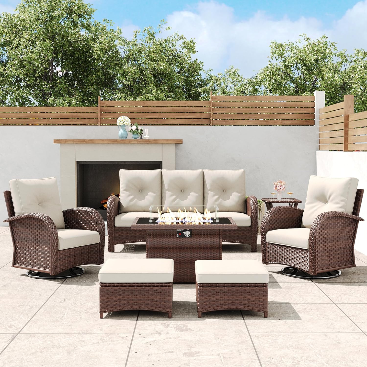 7 Pieces Outdoor Wicker Patio Swivel Rocking Chairs, All Weather Wicker Conversation Set with 44