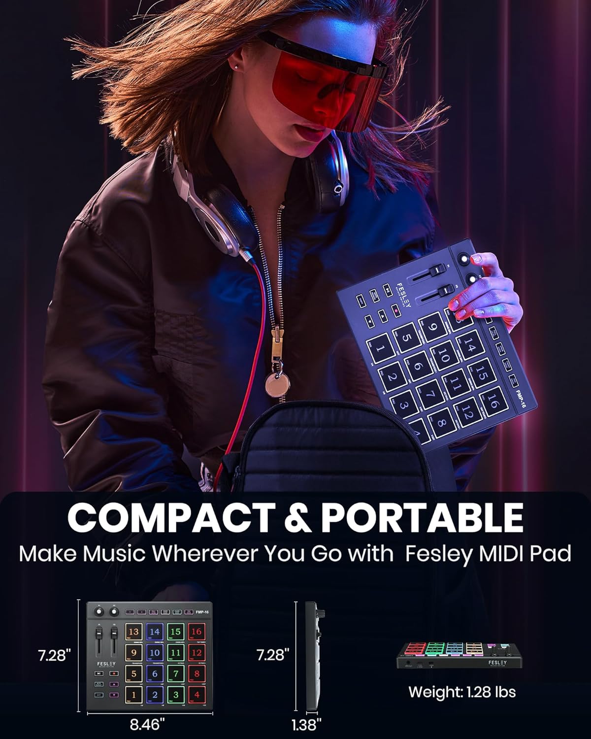 Fesley MIDI Controller Professional, Beat Maker Machine with 16 Beat Pads, MPC with 2 Assignable Fader & Knobs, Portable MIDI Pad Controller, Beat Machine for Music Making