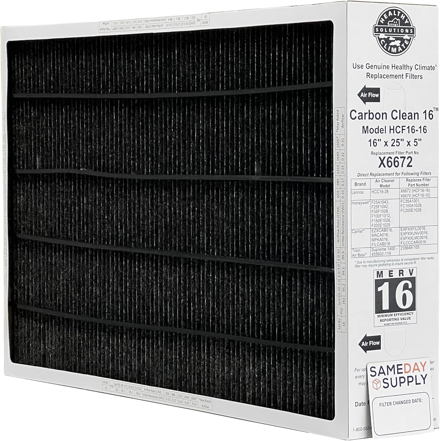 Lennox Healthy Climate Lennox X6672 16x25x5 Healthy Climate Carbon-Clean MERV 16 Filter Bundle with Same Day Supply Filter Change Reminder