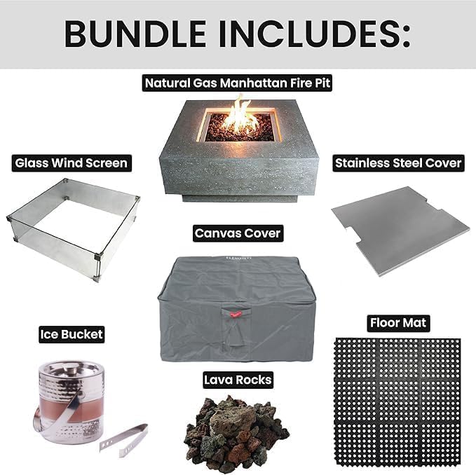 Elementi Manhattan Fire Pit Bundle Outdoor Firepit Set Includes 36” Natural Gas Concrete Firepit Table, Glass Windscreen, Stainless Steel Cover, Canvas Cover, Floor Mat, Ice Bucket