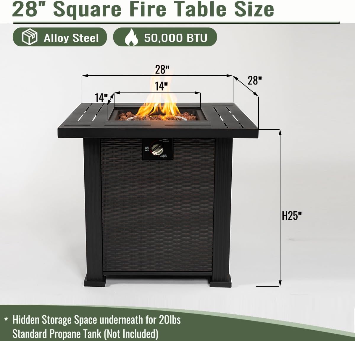 28 Inch Propane Gas Fire Pit Table, 50000 BTU Square Steel Fire Pit with Lid and Lava Rock for Patio, Deck, Garden, Backyard, Black