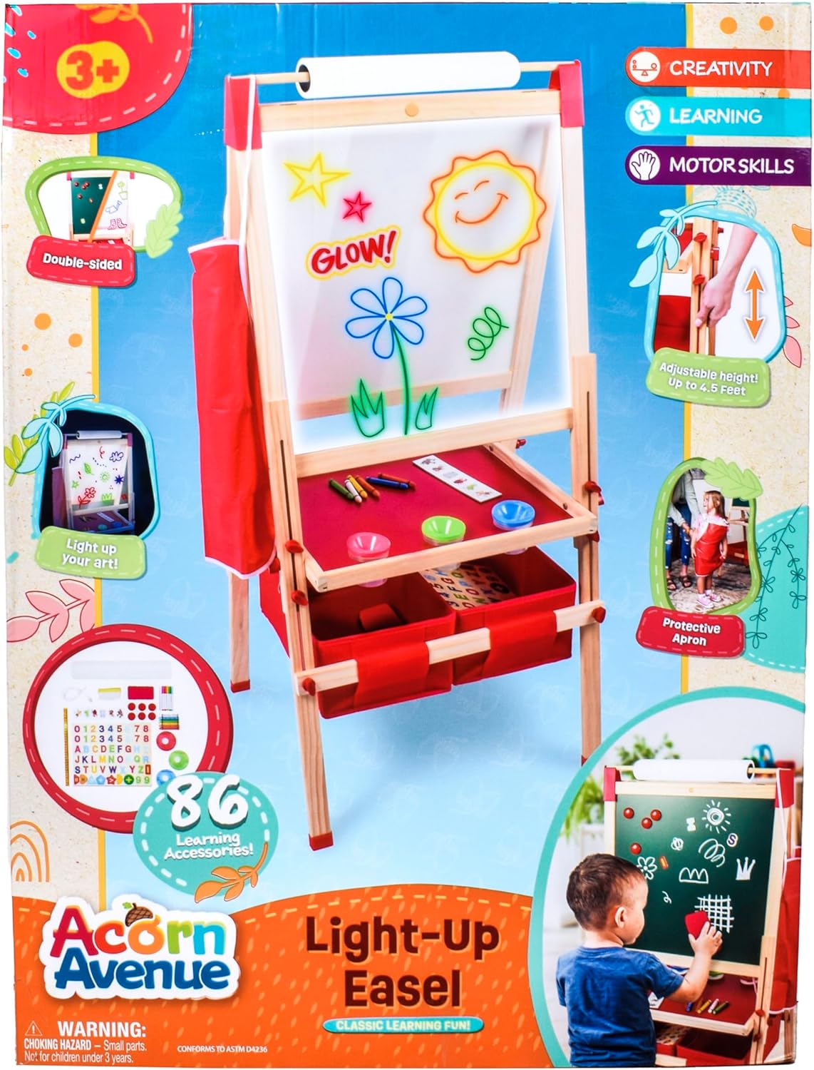 Light Up Easel for Kids 3 -in-1 Magnetic Chalkboard, LED Drawing Board with Adjustable Height and Paper Roll, 86 Accessories – Wooden Art Easel for Kids Ages 4-8 Years Old