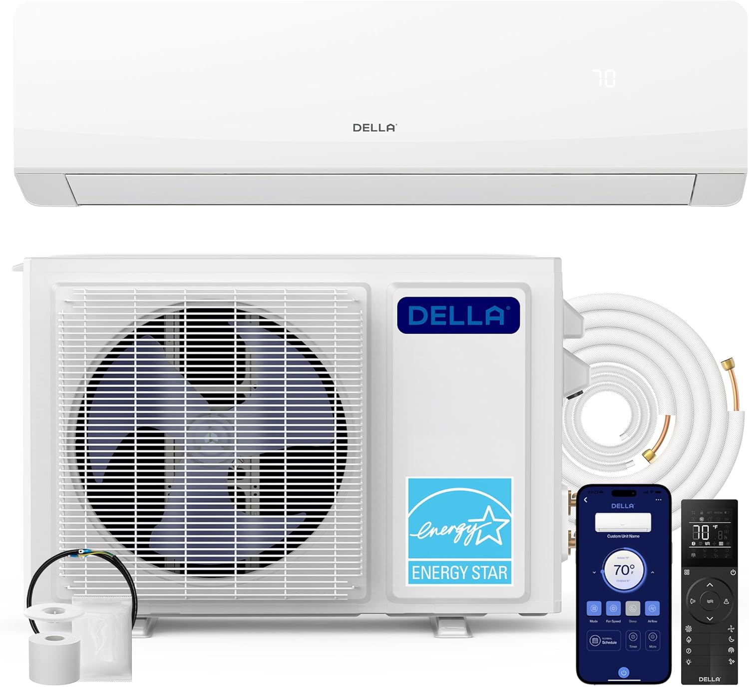 DELLA Serena Series 12000 BTU Mini Split AC, Energy Star 22 SEER2 115V, 1 Ton Inverter Heat Pump Ductless AC System for Rooms up to 550 Sq.Ft, WiFi & Alexa Control, Pre-Charged, 16.4ft Install Kit