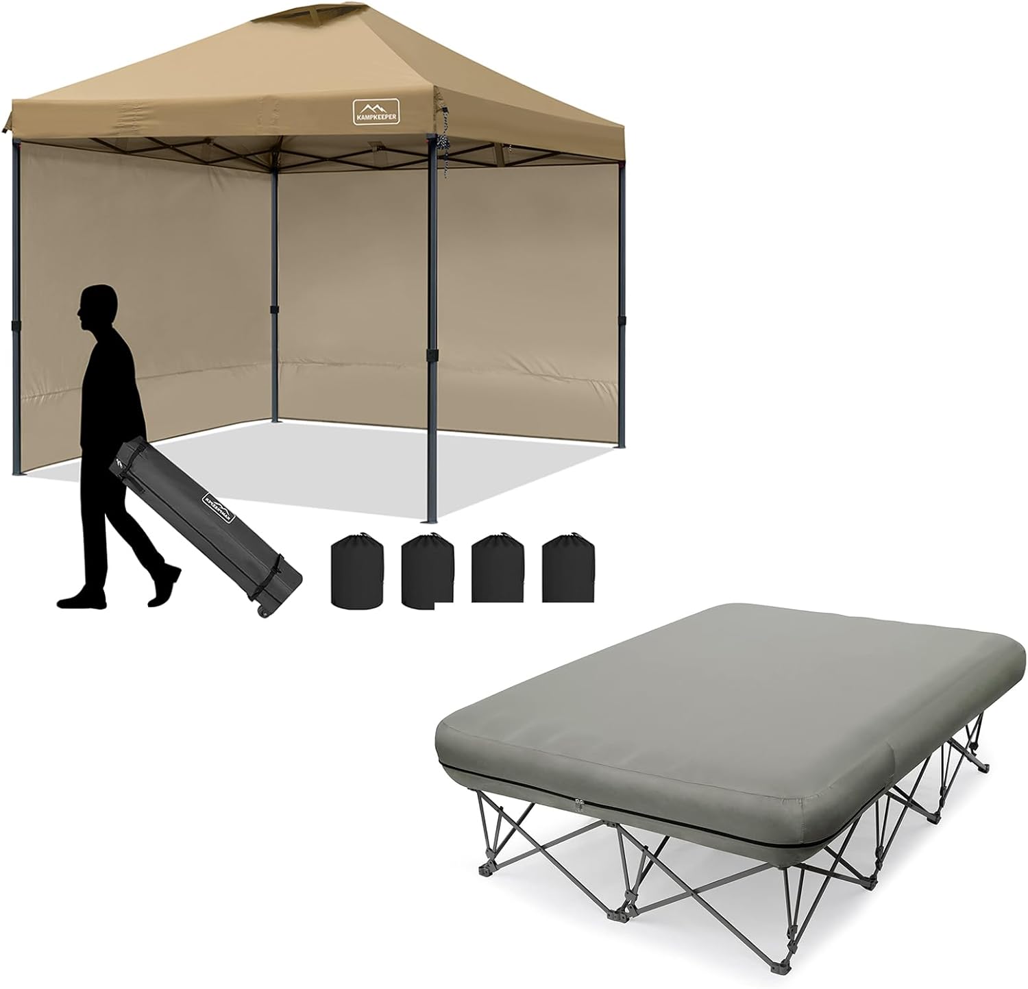 KAMPKEEPER 10x10 Pop Up Canopy Tent with 2 Sidewalls(Kahaki) and KAMPKEEPER Camping Cot for Adults(Grey),(not Included The Airpump),for Outdoor Travel Camp Beach Vacation