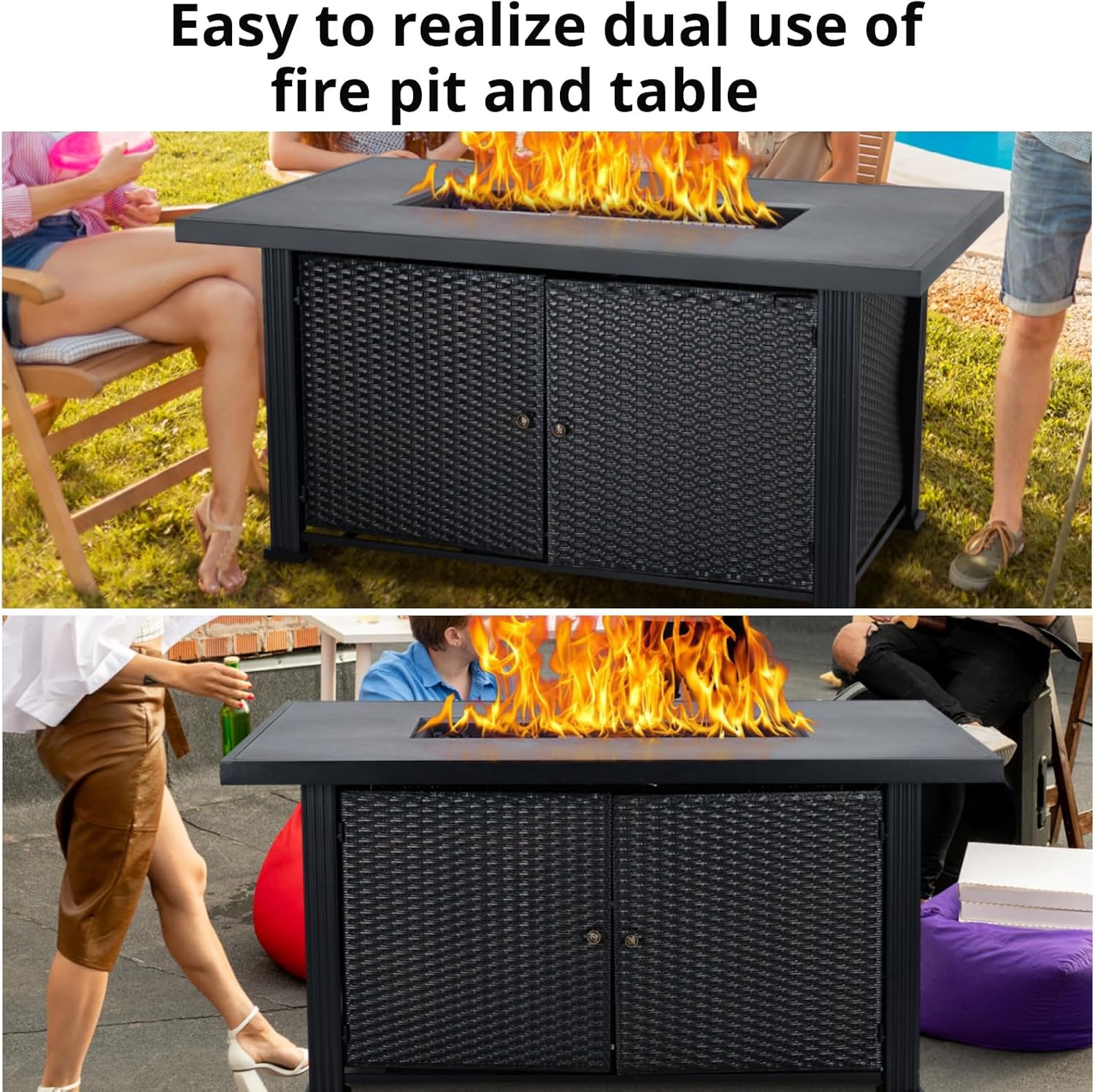 52 Inch Outdoor Gas Fire Table, 50,000 Btu Propane Rattan Fire Pit with Cover, Large Rectangular Fireplace with Rain Cover for Balcony Backyard Garden