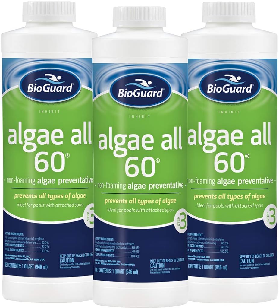 BioGuard Algae All 60-1 Quart, Pack of 3, Non-Foaming Algae Preventative, Non-Staining & Non-Foaming, Ideal for Swimming Pools with Attached Spas or Fountains