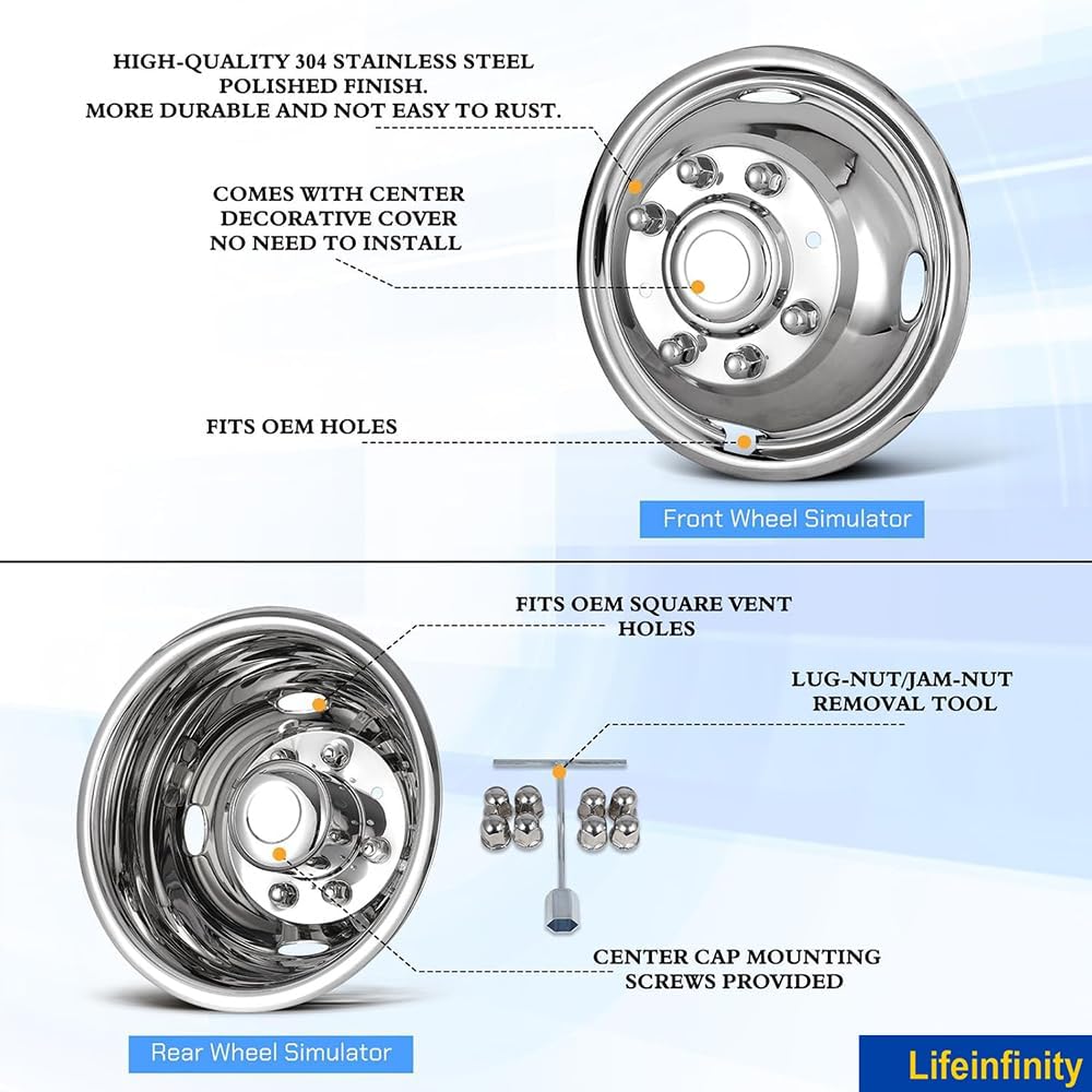 4pcs 17 inches Polished Dually Wheel Simulators, Bolt On 304L Stainless Steel Wheel Cover, Screw on 8 Lug 4 Hand Hole Hubcaps Fit for 2005-2024 Ford F350 2WD/4WD w/Tool Kit 708A