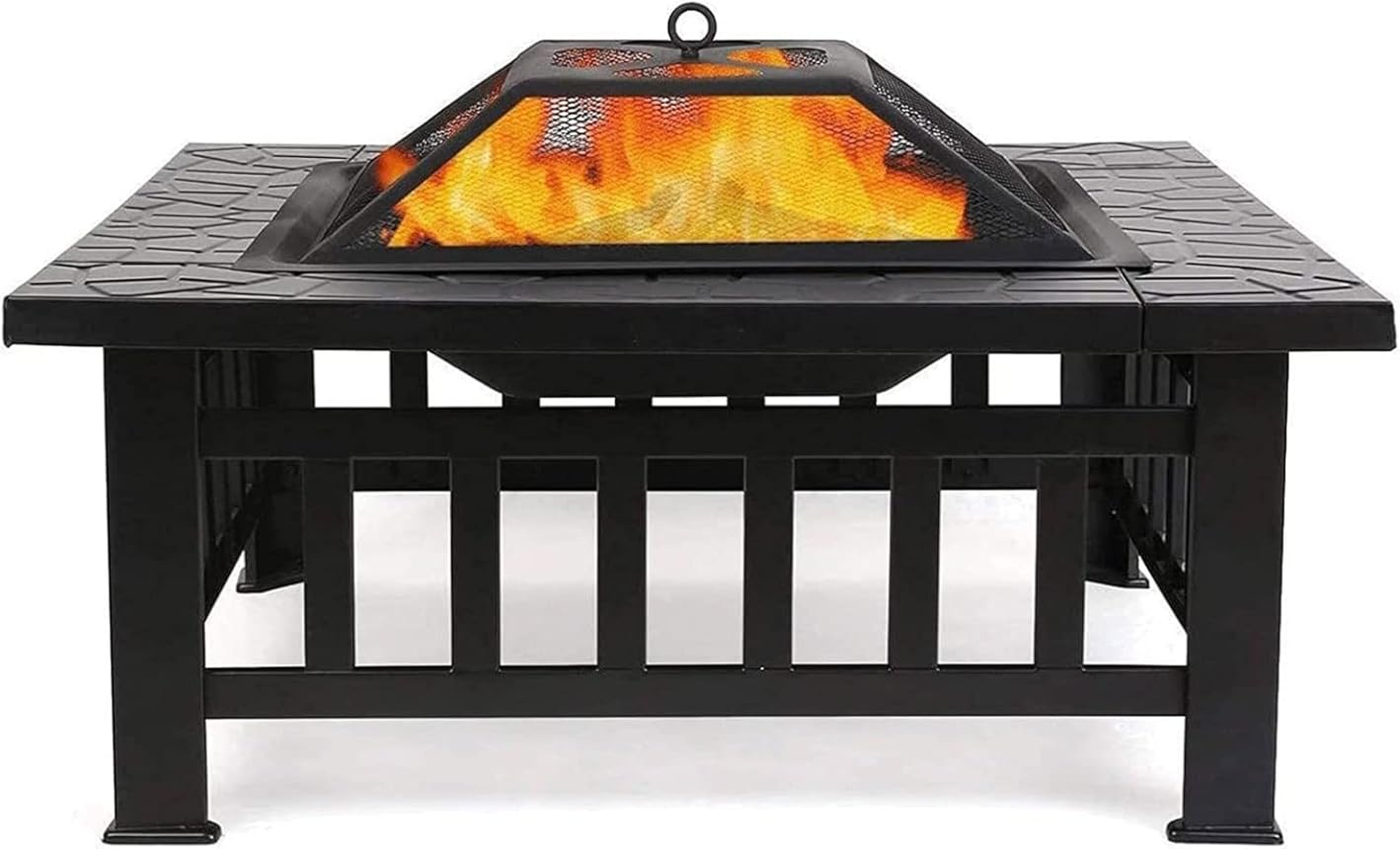Fire Pit, Outdoor Brazier, Metal Square Patio Firepit Table BBQ Garden Stove with Spark Screen Cover Log Grate and Poker, Suitable for Outside Wood Burning and Drink Cooling