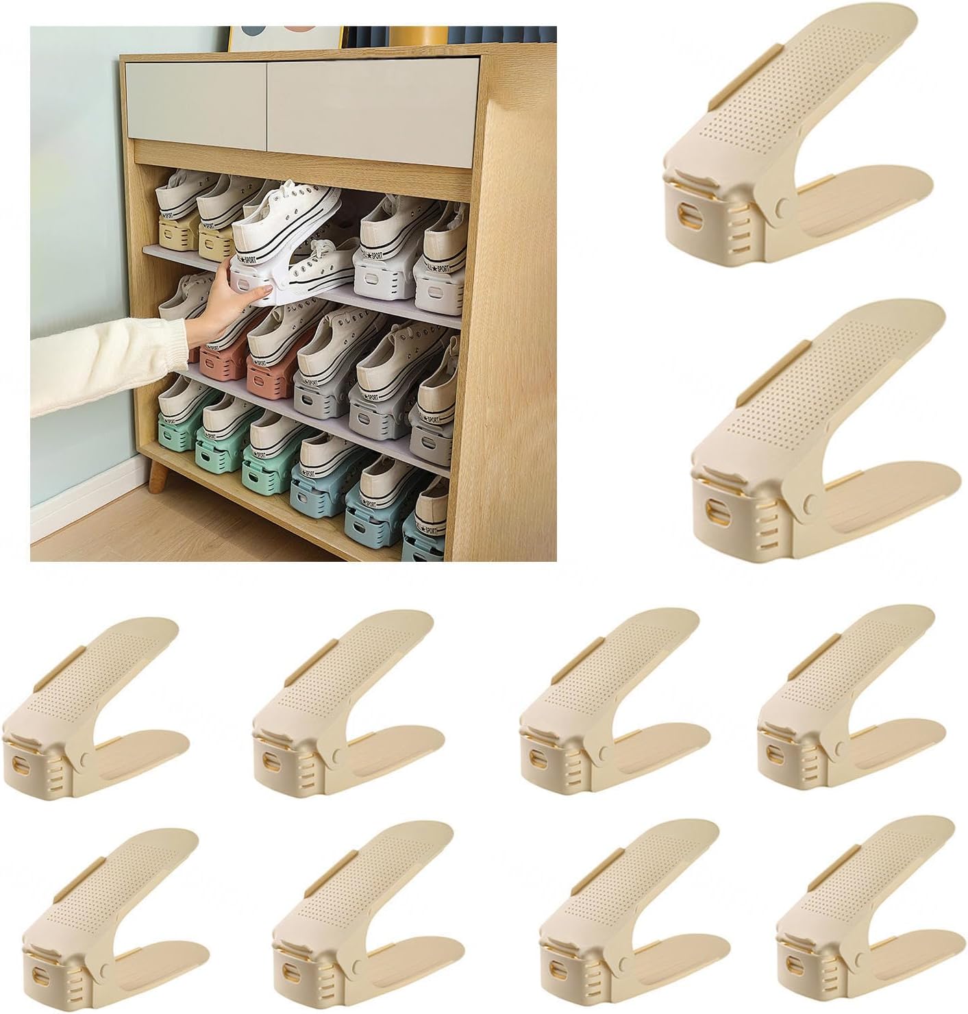 Shoe Stackers for a Pair of Shoes, Adjustable Shoe Stackers, Double Deck Shoe Space Saver for Shelf Closet Floor,Brown-30