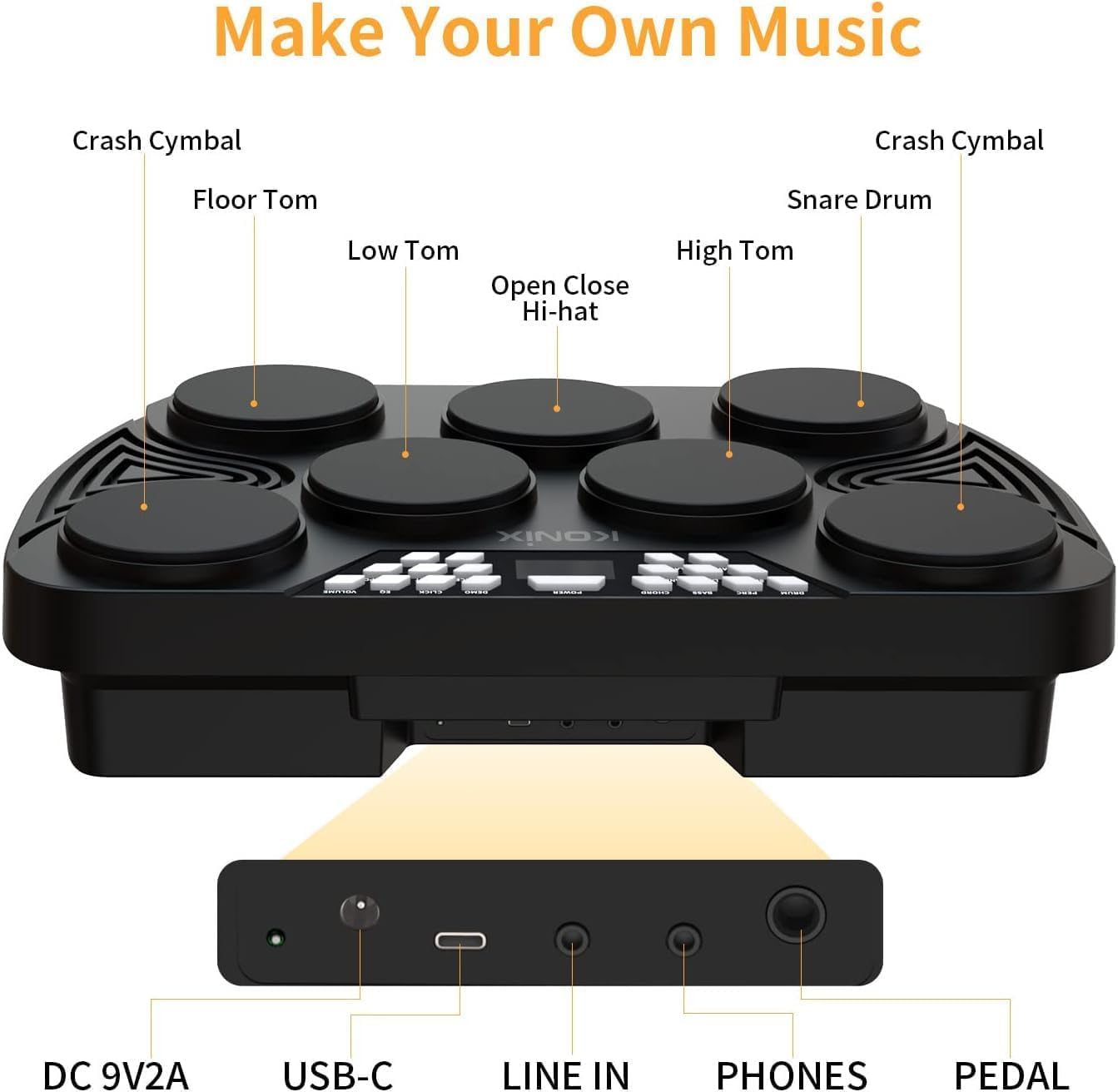 KONIX Electronic Tabletop Drum Set, Portable Electric Drum Kit with 7 Velocity Sensitivity Drum Pads, LED Drum Light, USB-MIDI Mac & PC Support, Ideal Gift for Adult and Beginners