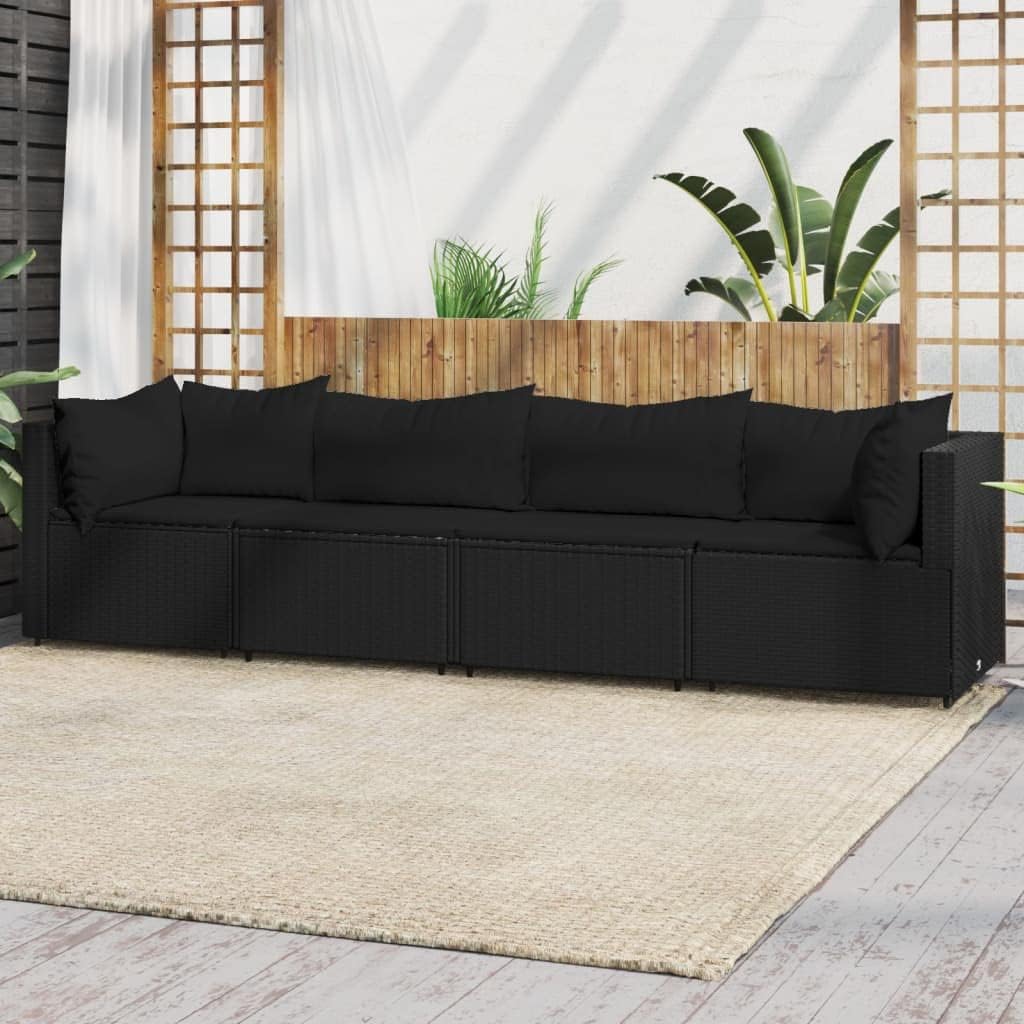 Patio Furniture, 4 Piece Patio Lounge Set with Cushions Black Poly Rattan