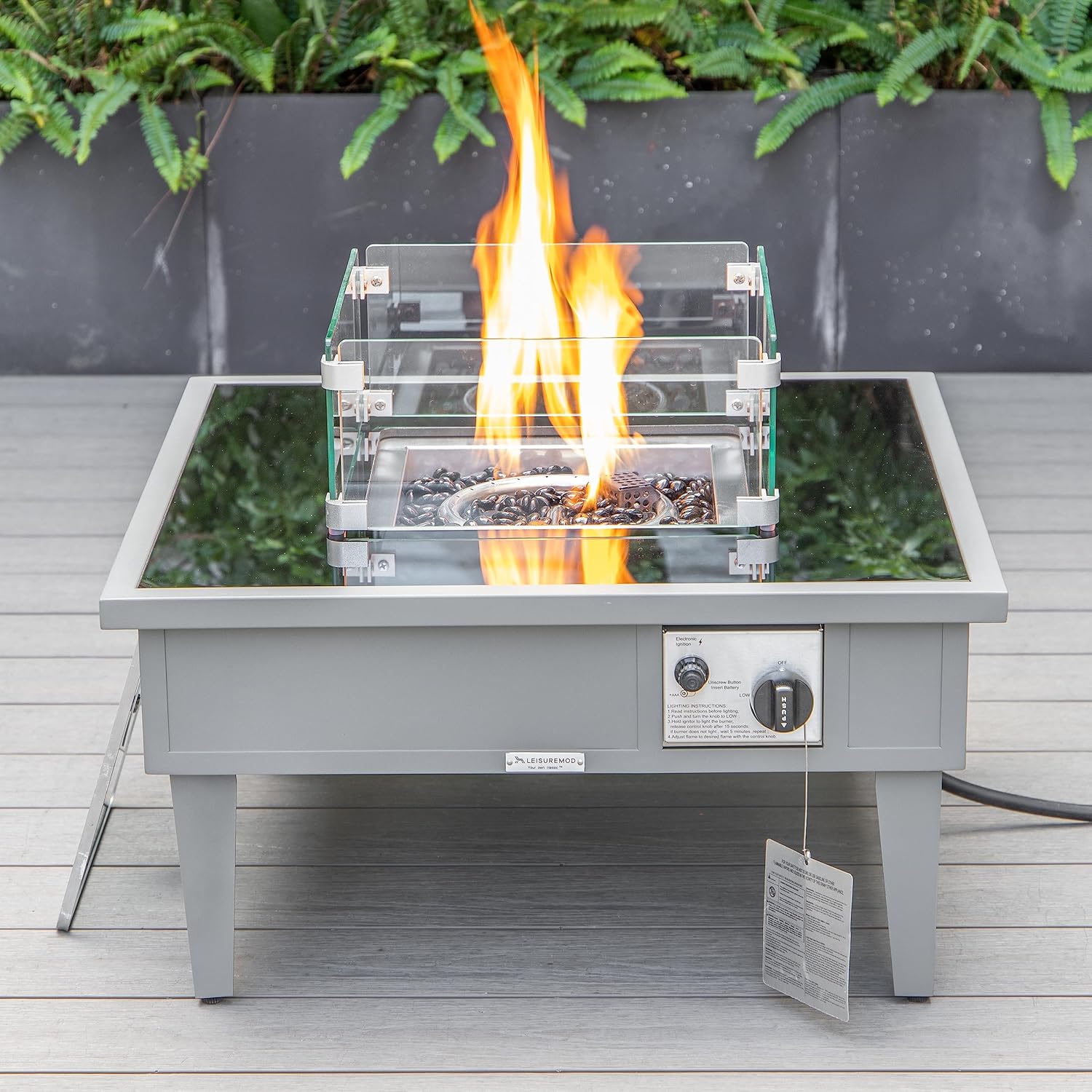 LeisureMod Walbrooke Modern Outdoor Square Fire Pit Table with Powder-Coated Aluminum Frame for Patio and Backyard Garden, Grey