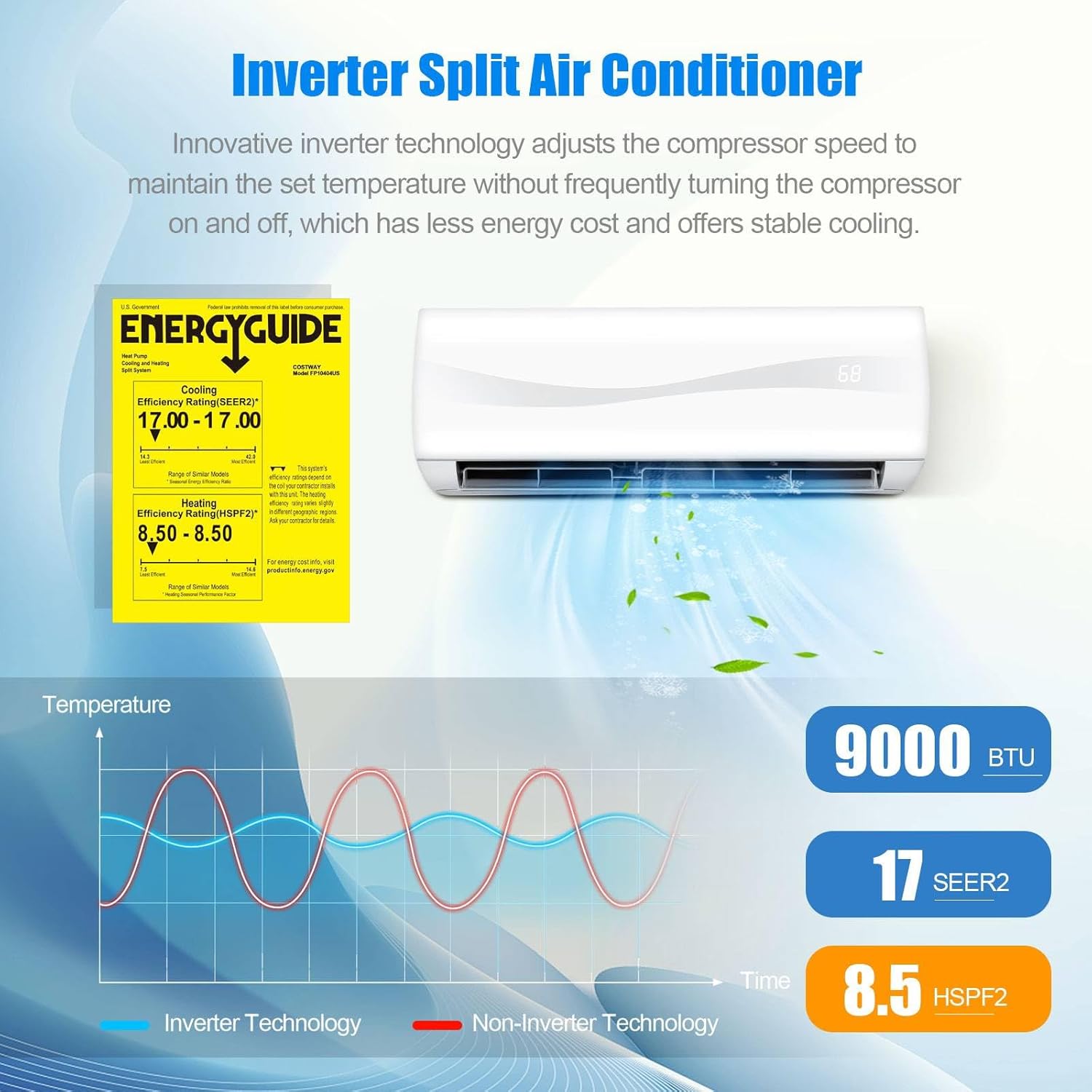 DORTALA 9000 BTU Mini Split Air Conditioner & Heater, 17 SEER2 208V-230V Pre-Charged Inverter Heat Pump System, Wall Mounted Ductless AC Unit with Control & Installation Kit