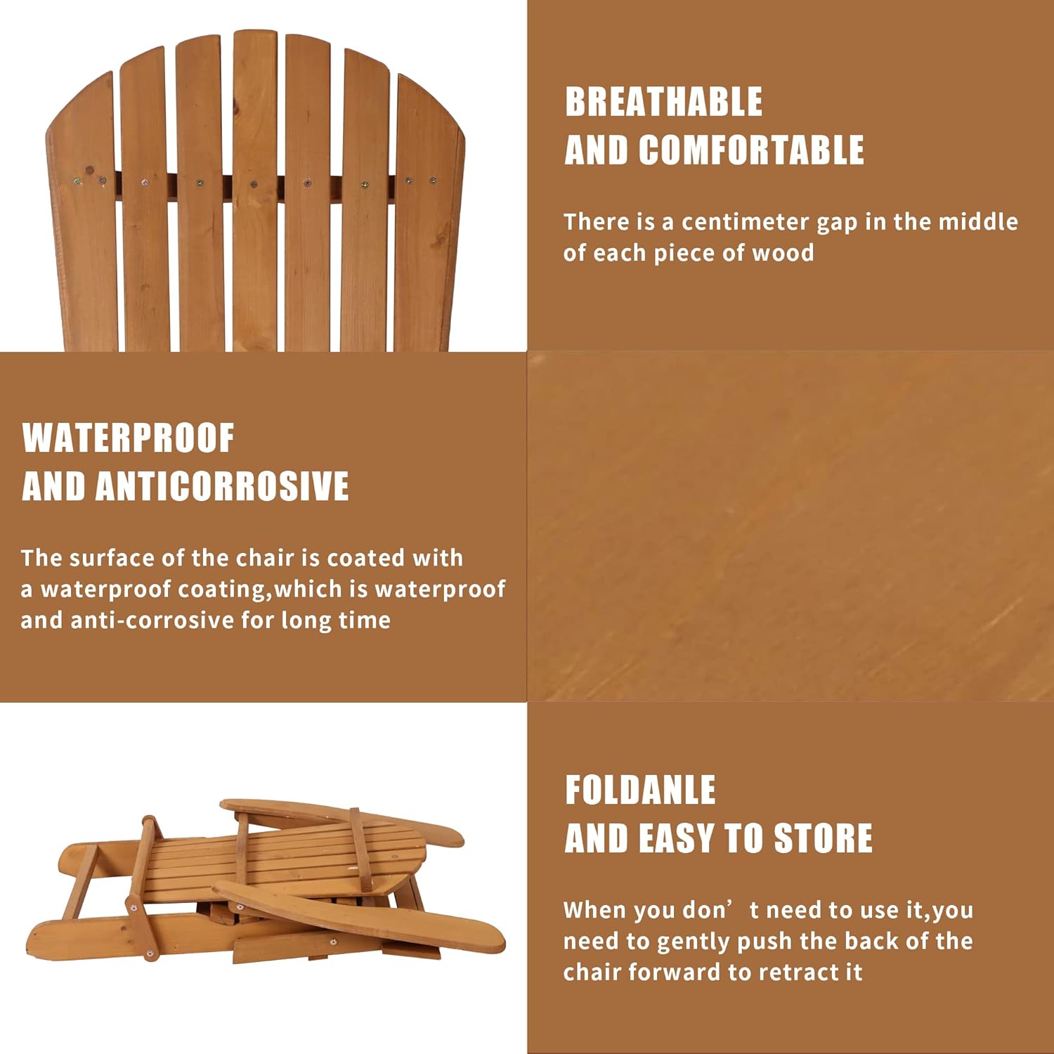 Adirondack Chair Lawn and Folding Chair Weather Resistant Patio Chair Outdoor Chairs Patio Seating Fire Pit Chairs Wood Chairs for Adults Yard Garden (Natural)