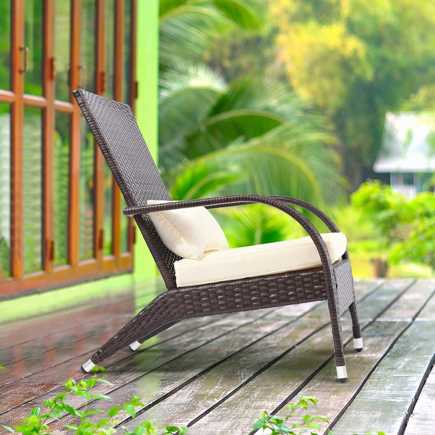 Outdoor Patio Wicker Adirondack Chair Outside Fire Pit Chairs Oversized Comfy Coconino Rattan Armchair Low Deep Seating High Back with Cushion and Pillow for Porch Deck Balcony Lawn Backyard Cream