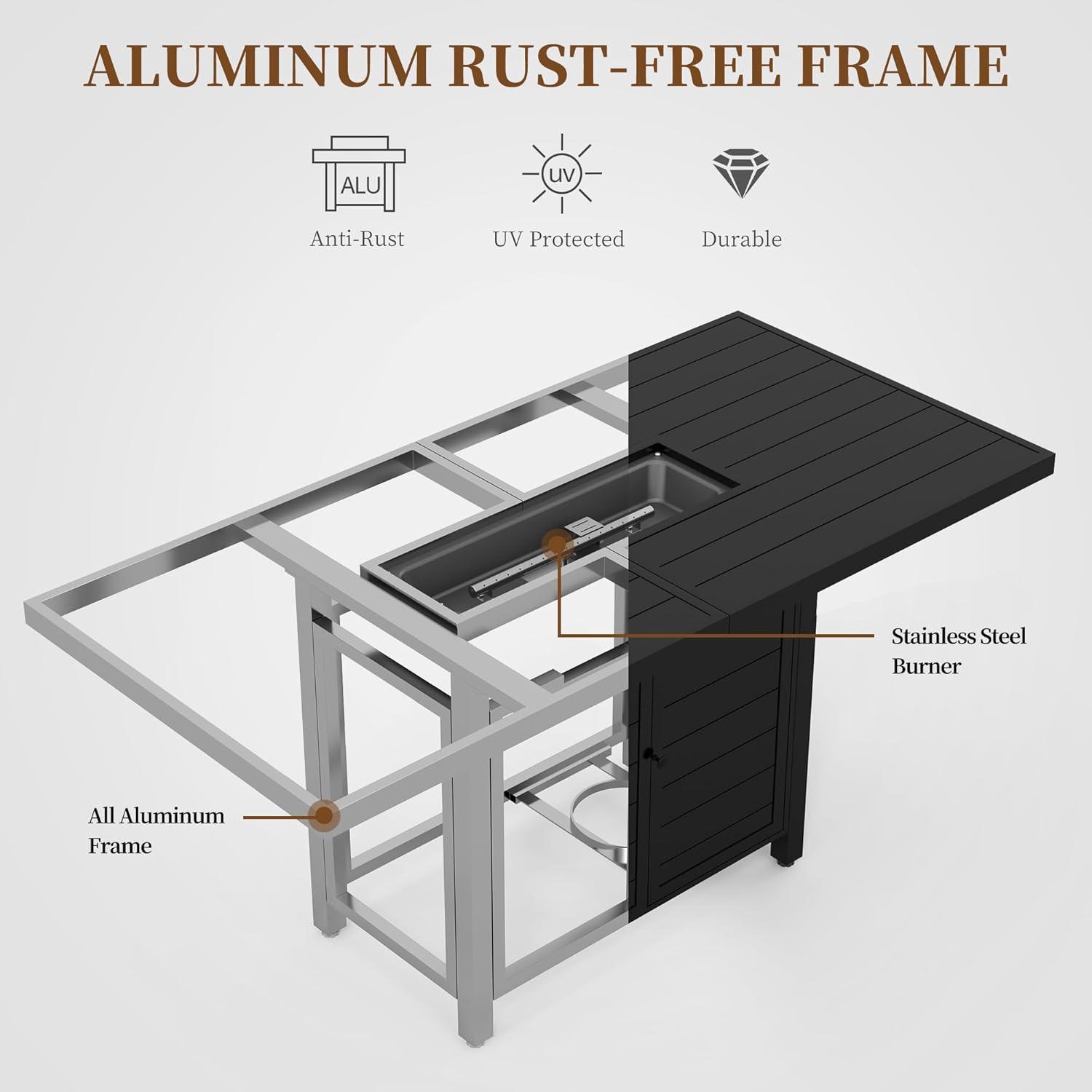 PIZZELLO 60 Inch Propane Firepit Table - Outdoor Rectangular Aluminum Fire Table w/Wind Guard - 50,000 BTU Gas Fire Pit with Glass Beads and Waterproof Cover