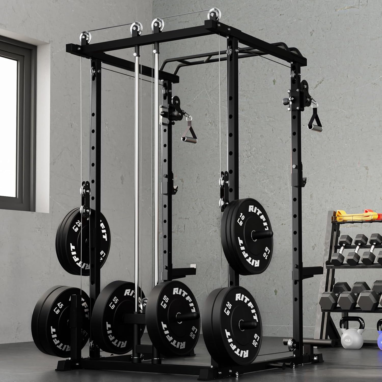 RitFit Multi-Function Squat Rack Power Cage PPC-P3 with Cable Crossover System, 1200LBS Capacity Power Rack and Packages with Optional Weight Bench, Barbell Weight Set, for Garage Workout & Home Gym