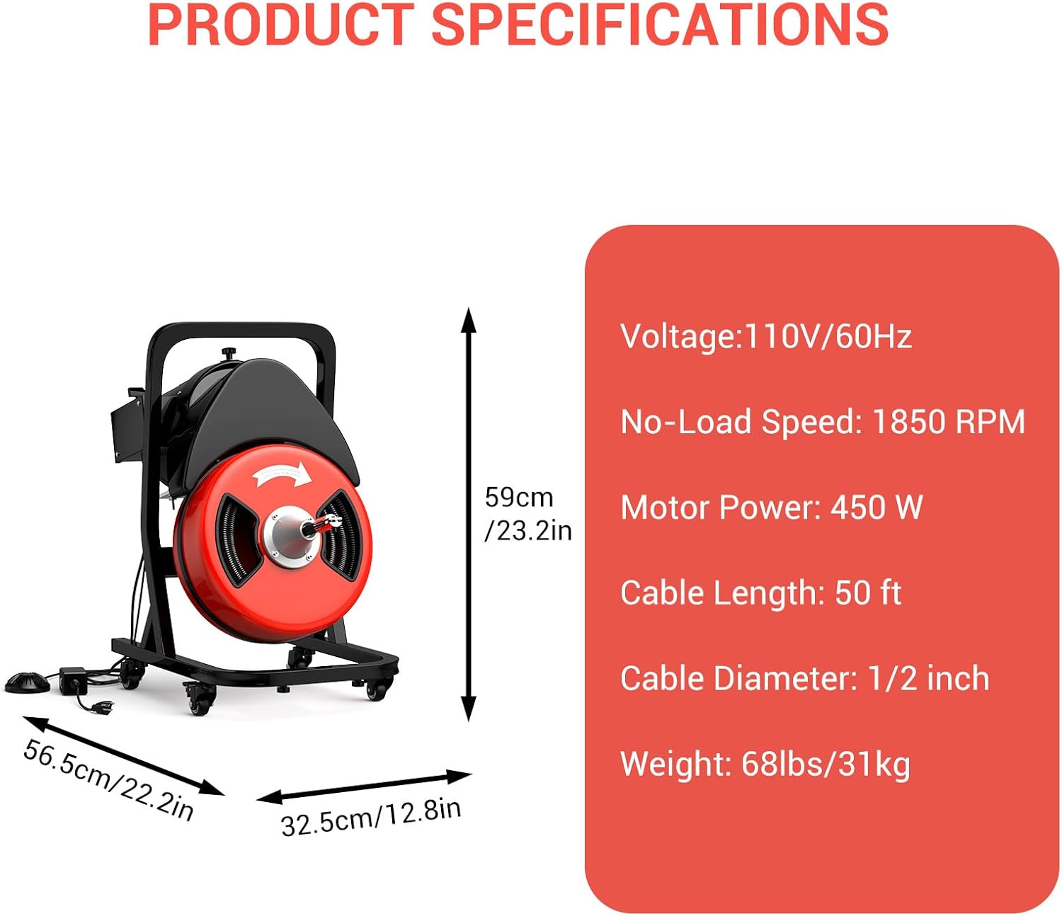 Garvee 50 FT x 1/2 Inch Drain Cleaner Machine, Sewer Snake Electric Cleaning Machine with Wheels for 2