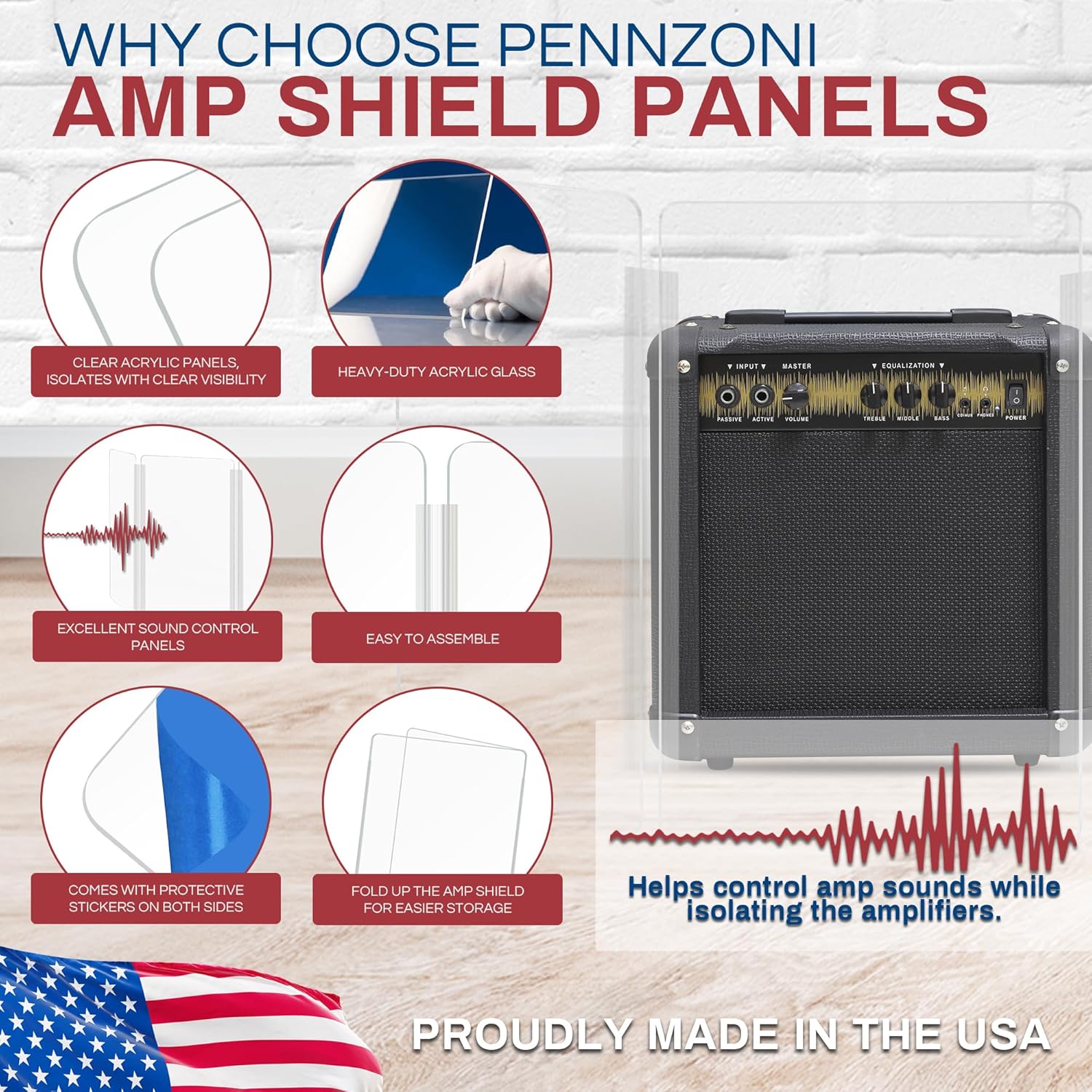 PENNZONI Amp Shield, Amp Acrylic Shield, Guitar Amp Shield, Clear Acrylic Panel Amp Shield with Plastic Hinges (3 Panels, 3ft x 6ft)