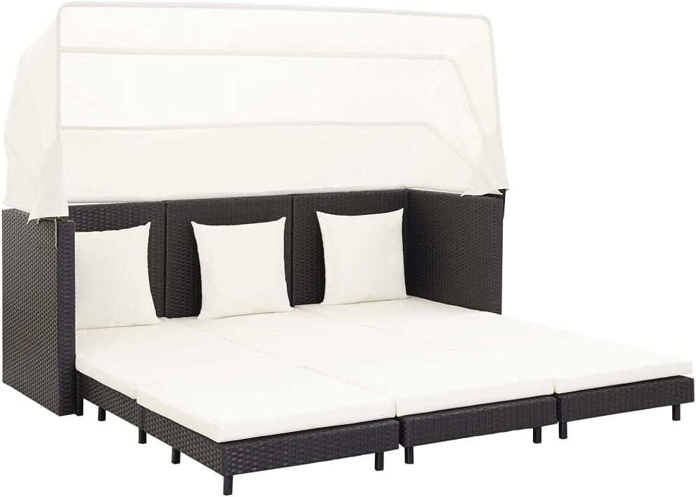Patio Furniture, Extendable 3-Seater Sofa Bed with Roof Poly Rattan Black