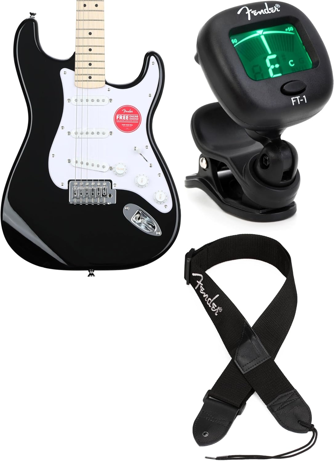 Fender Squier Sonic Stratocaster Electric Guitar - Black Finish, Maple Fingerboard, Includes Tuner and Strap