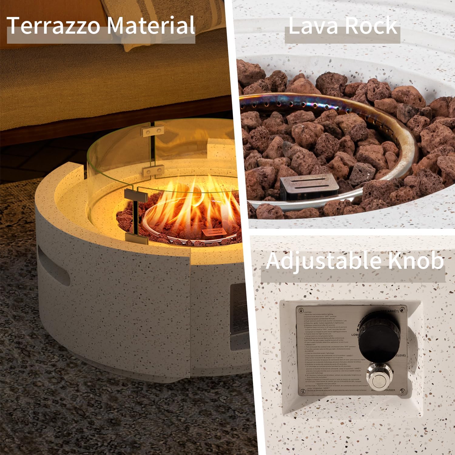 SUNBURY Outdoor Propane Fire Pit Table, 28 Inch Patio Gas Fire Table 50,000 BTU Modern Concrete Fire Pit for Outside in Spotted White w Glass Wind Guard, Lava Rocks