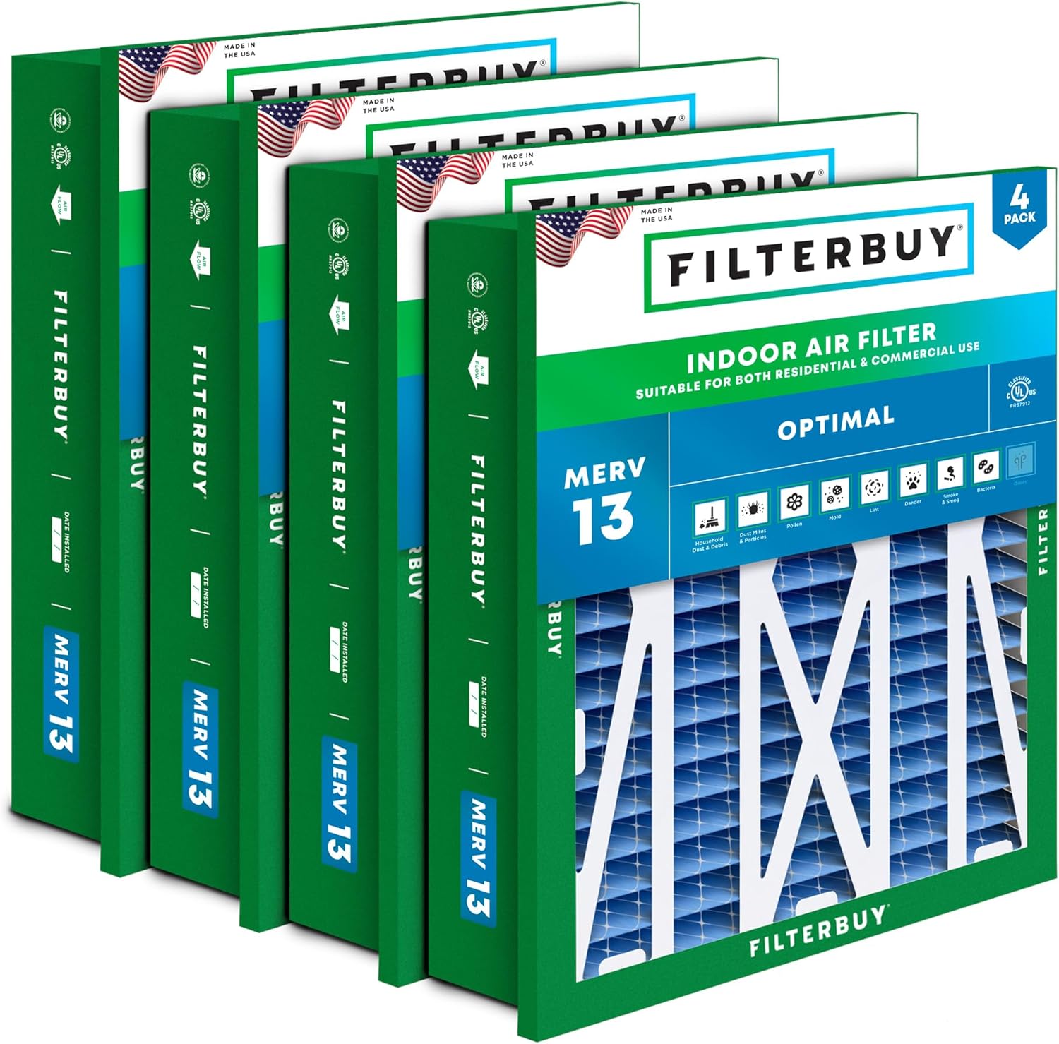 Filterbuy 20x20x5 Air Filter MERV 13 Optimal Smoke & Allergy Defense (4-Pack), Electrostatic Pleated HVAC AC Furnace Filters for Honeywell Return Grille FC40R1003 (Actual Size: 18.38 x 18.38 x 3.69)