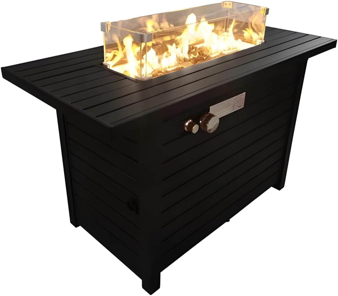 Penau Steel Propane Outdoor Fire Pit Table with Slatted Base & Accessories, 24 Inchs High, Black