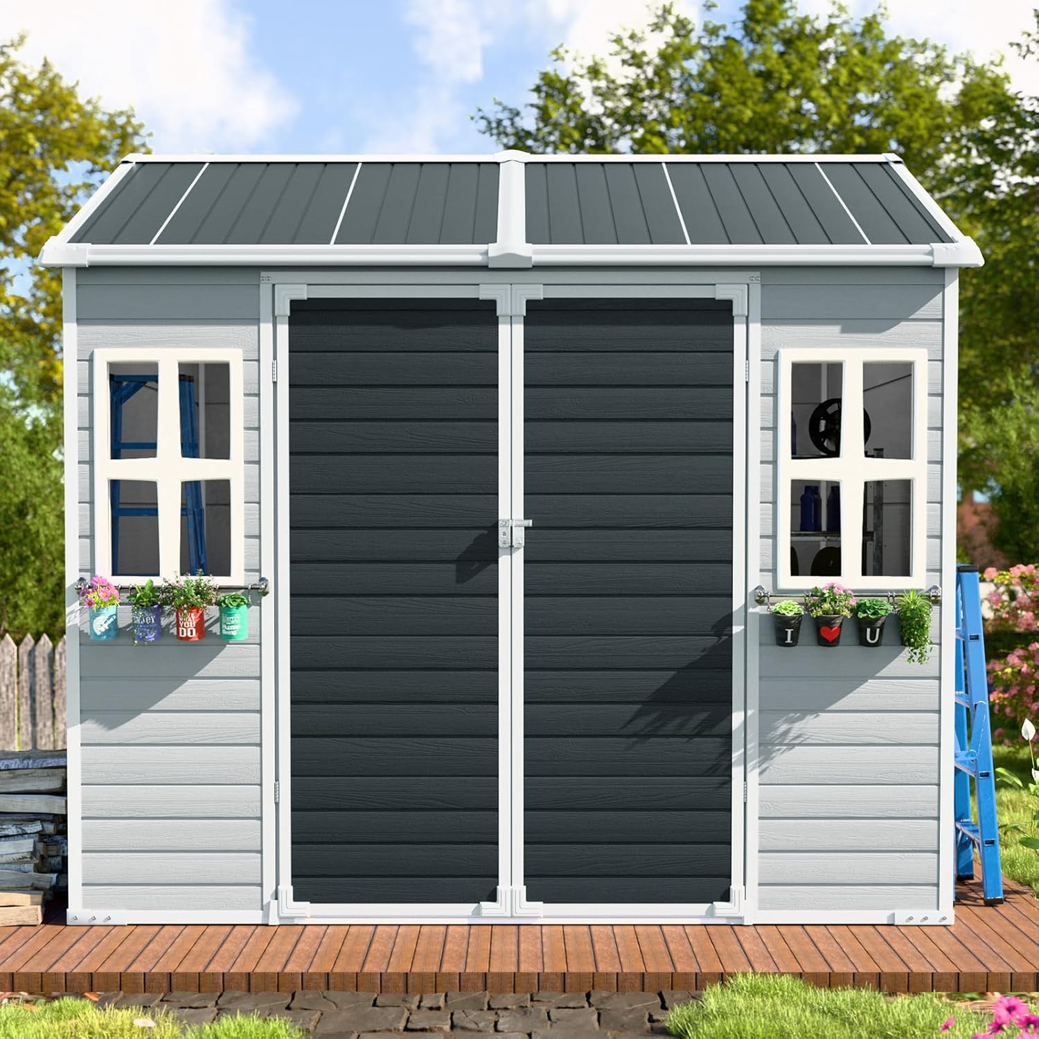 8x6 FT Resin Shed, Waterproof Outdoor Storage Shed w/Floor, 2 Windows, Double Doors & Vents, Tool Shed for Patio Garden, Lawn, Backyard, Grey