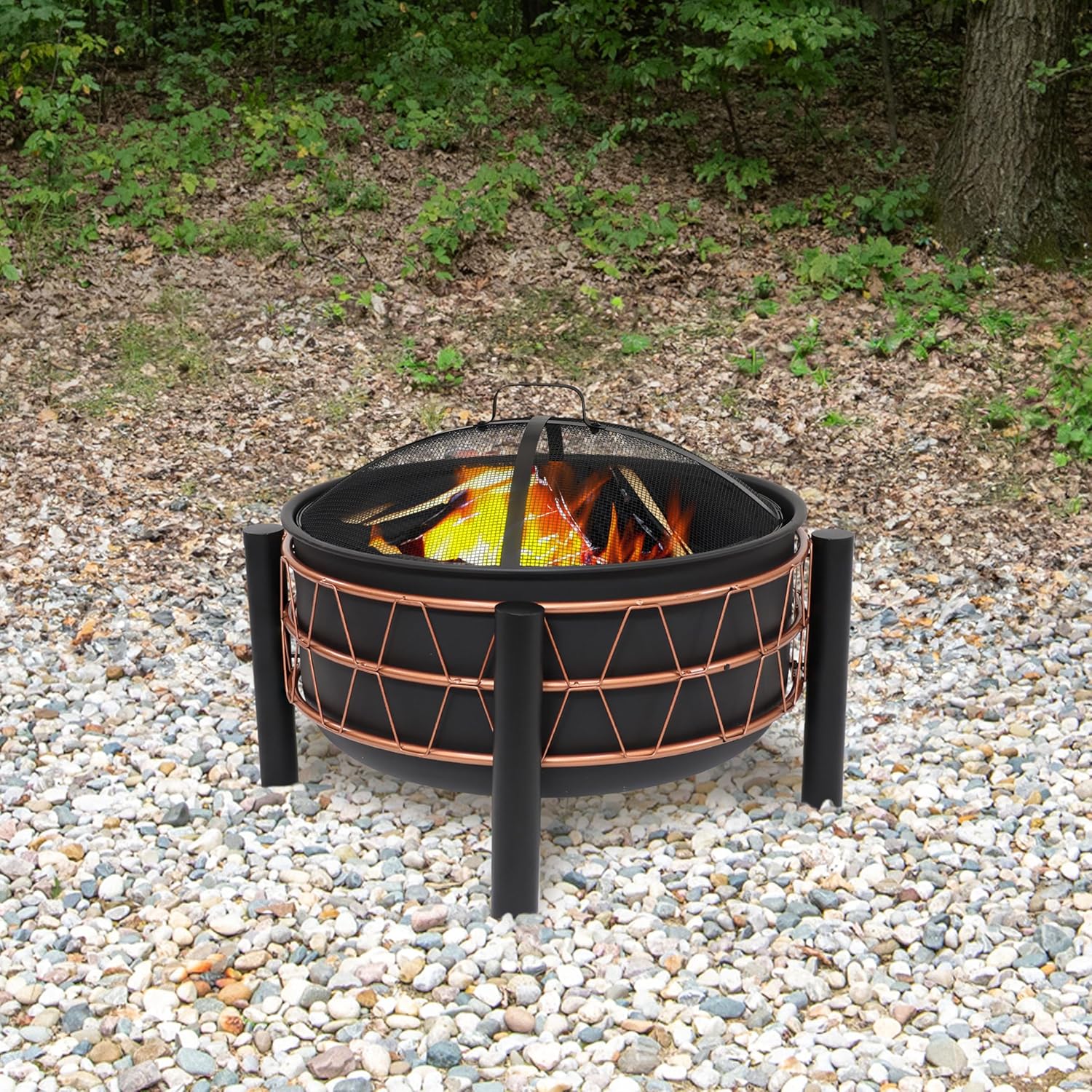 Sunnydaze 24.5-Inch Black Steel Wood-Burning Fire Pit with Copper-Colored Trapezoid Pattern - Includes Protective PVC Cover