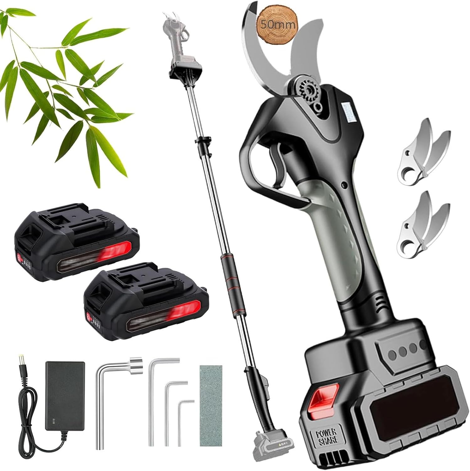 980W Electric Pruning Shears, 50mm Cutting Diameter, Cordless Tree Pruner with LCD Display, Brushless Motor, 2×4.5ah Battery for Garden Trees and Branches