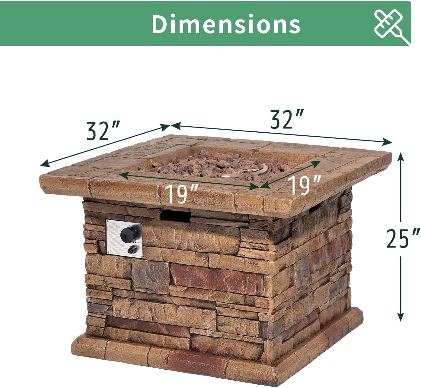 Outdoor Propane Fire Pit Table, 32 Inch 40,000 BTU Brown Square Concrete Gas Fire Table w Lava Rocks, Rain Cover, Fits 20 lb Propane Tank Inside, Imitation Stone Design