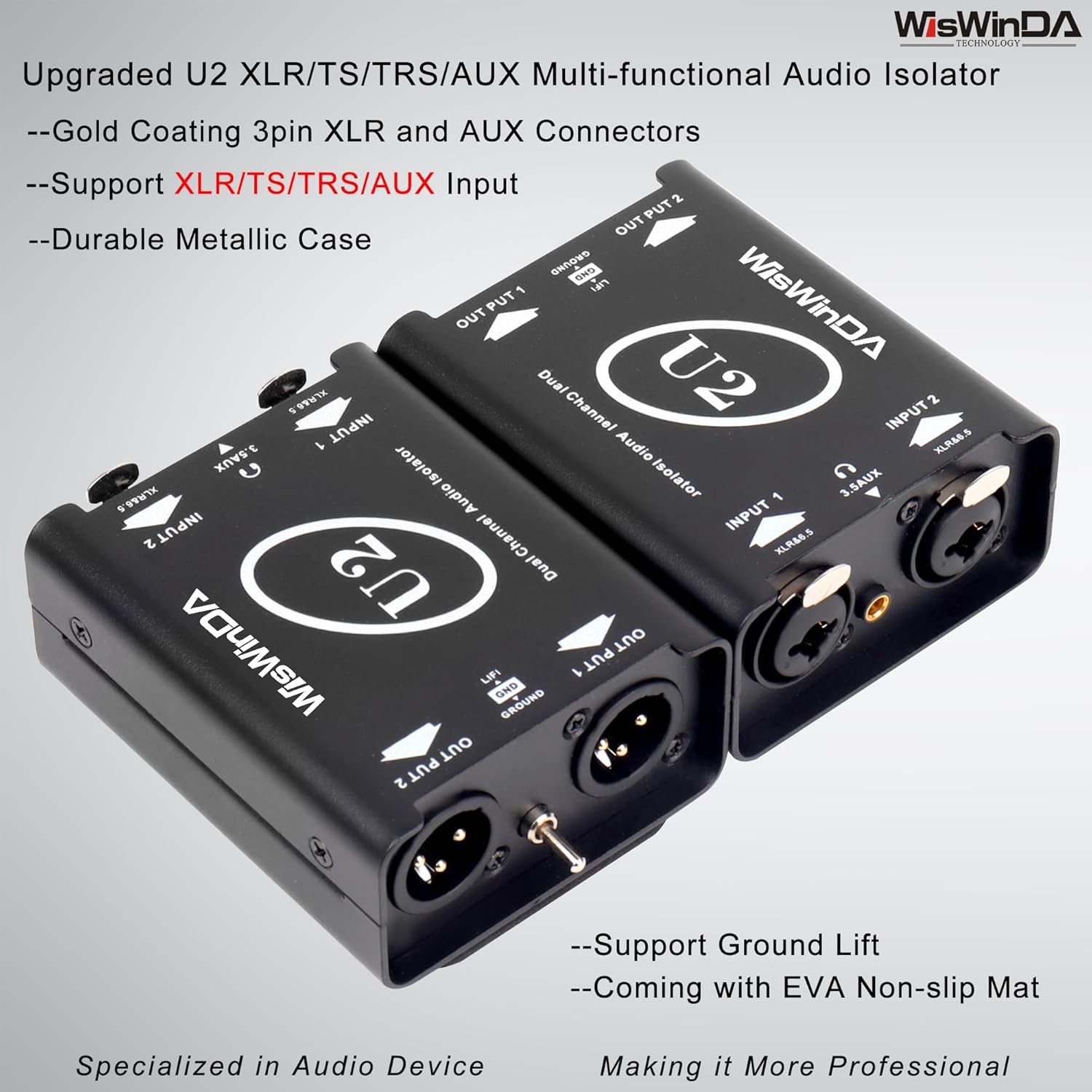 U2 Pro XLR/1/4inch/AUX HiFi Stereo Version Audio Isolation Box Ground Loop Isolator/Noise Filter/Hum Eliminator for Audio System Eliminate Hum&Buzzing Noise (Pro U2-XLR/AUX/TS/TRS)