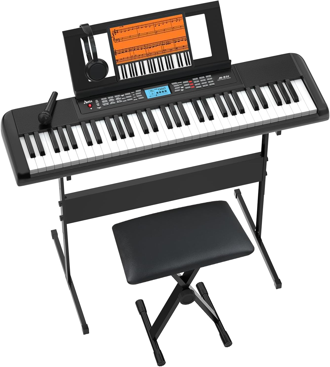 61 Key Keyboard Piano, Portable Electric Piano Keyboard w/LCD Screen, Built-In Speakers, Headphones, Stand, Stool, Music Rest, Microphone, 300 Timbres, 300 Rhythms