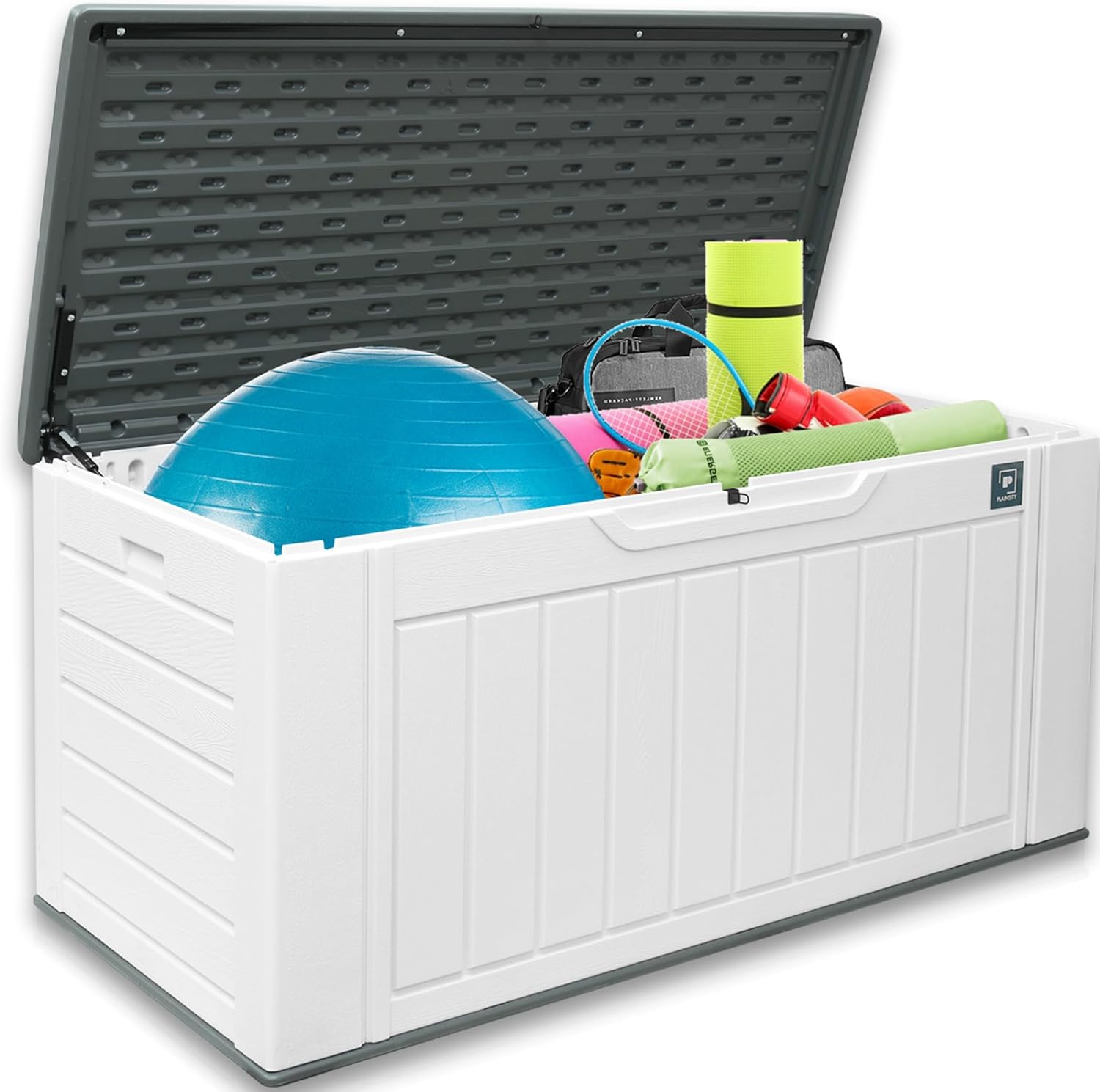 230 Gallon Large Deck Box, Durable Waterproof Resin Deck Box for Patio Furniture, Garden Tools, Pool Storage (White, 150Gallon)